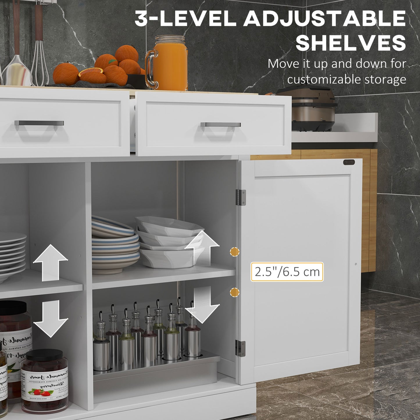 White kitchen cabinet with adjustable shelves and open door showing storage