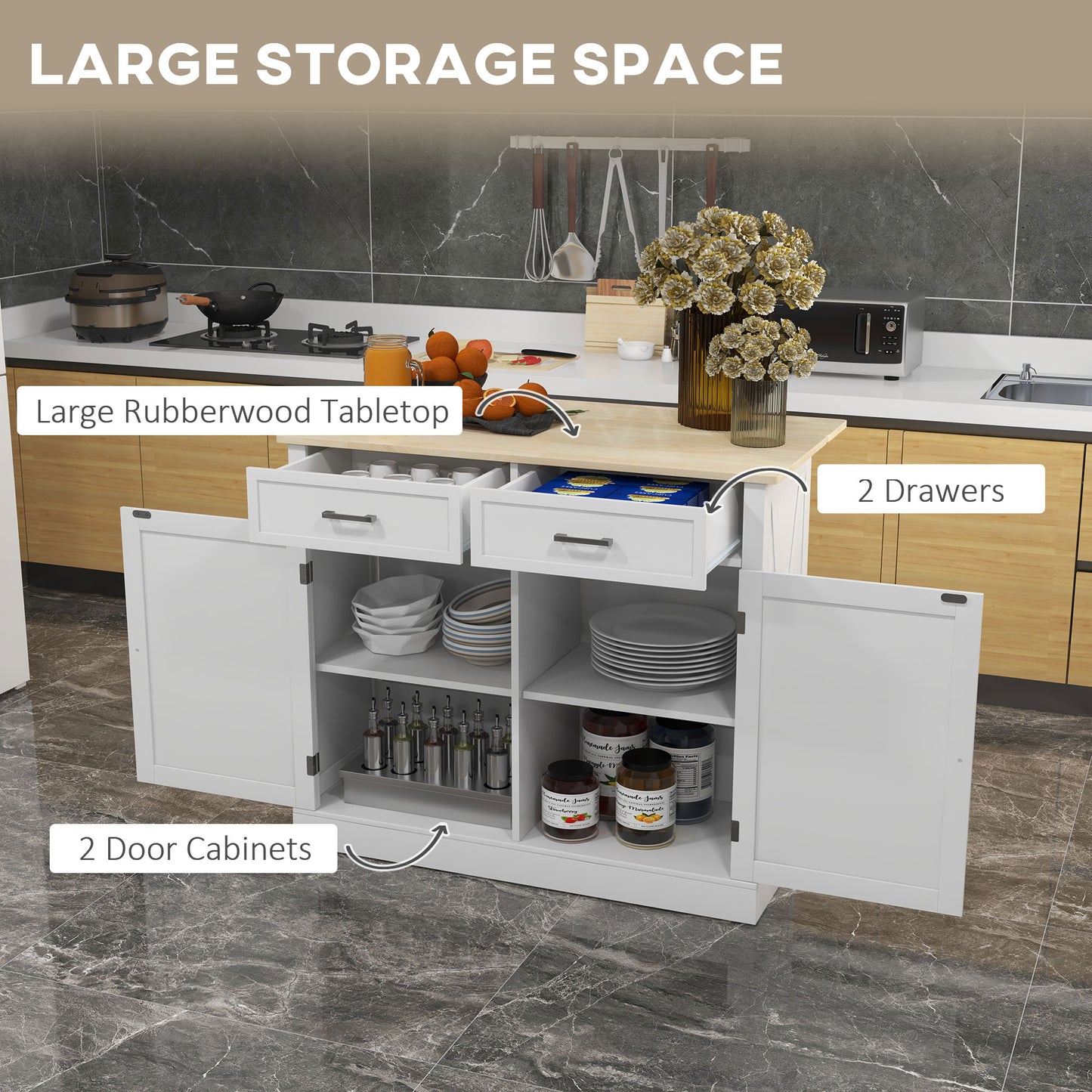 White kitchen island with two drawers and two cabinet doors featuring a large rubberwood tabletop and ample storage for dishes and jars
