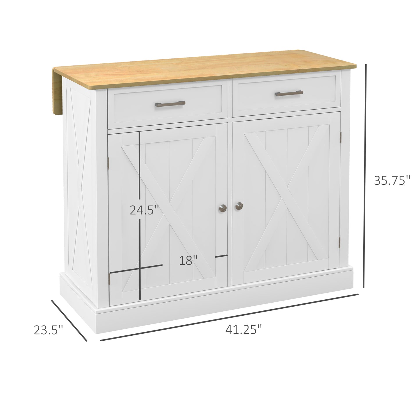 White kitchen island cabinet with drop leaf extension and Xpaneled doors