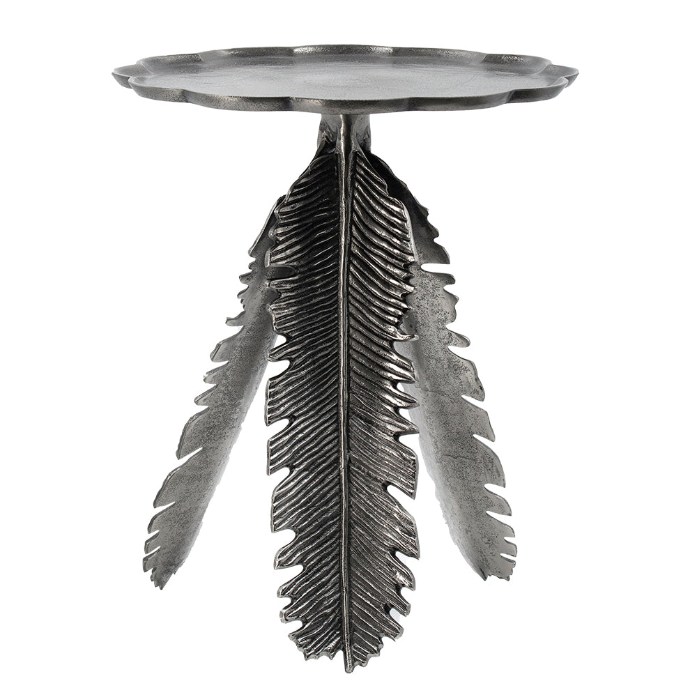 Ornate silver feather accent table with scalloped edge top ideal for decorative display