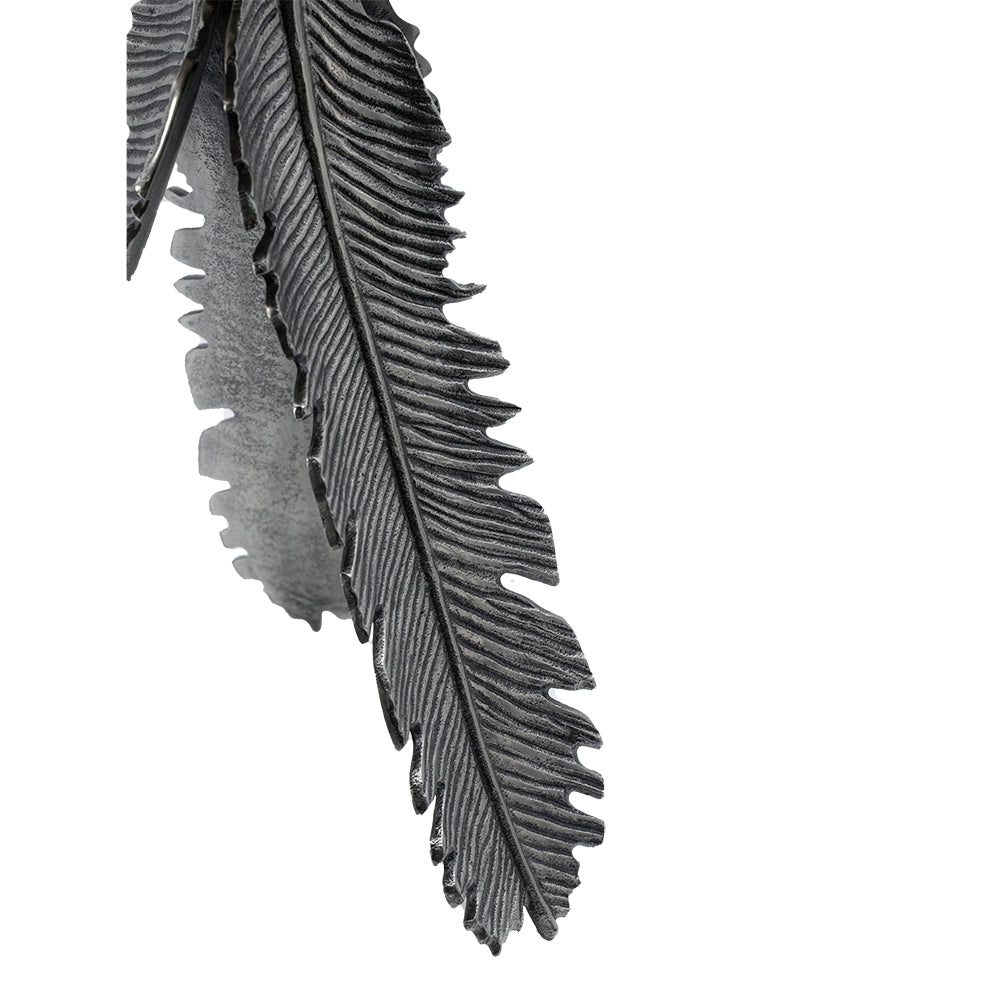 Dark grey metal feather decor intricate detail tribal style accent