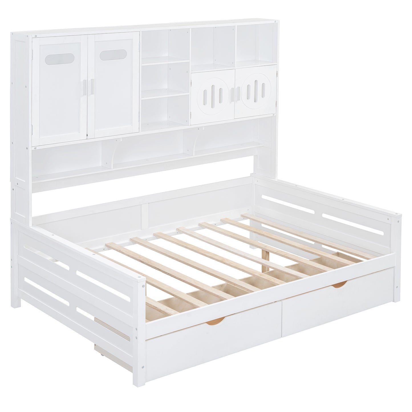 White wooden bed frame with builtin headboard storage and drawers