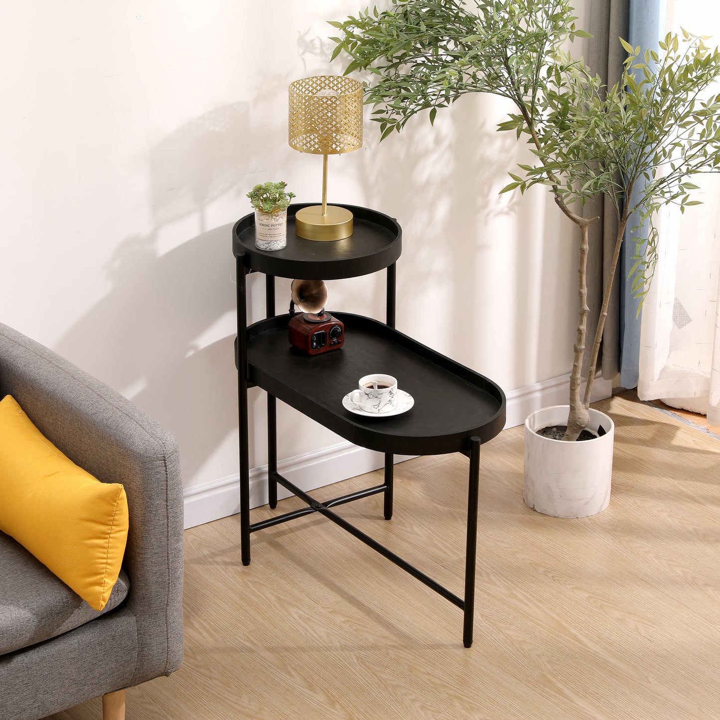 Black twotier side table with a modern minimalist design for living rooms