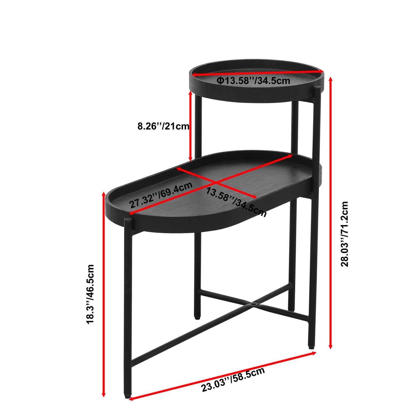 Black metal tiered plant stand with oval and round shelves