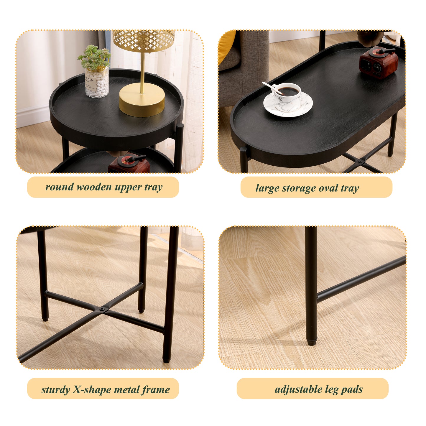 Black round wooden upper tray with decorative plant and gold lamp base