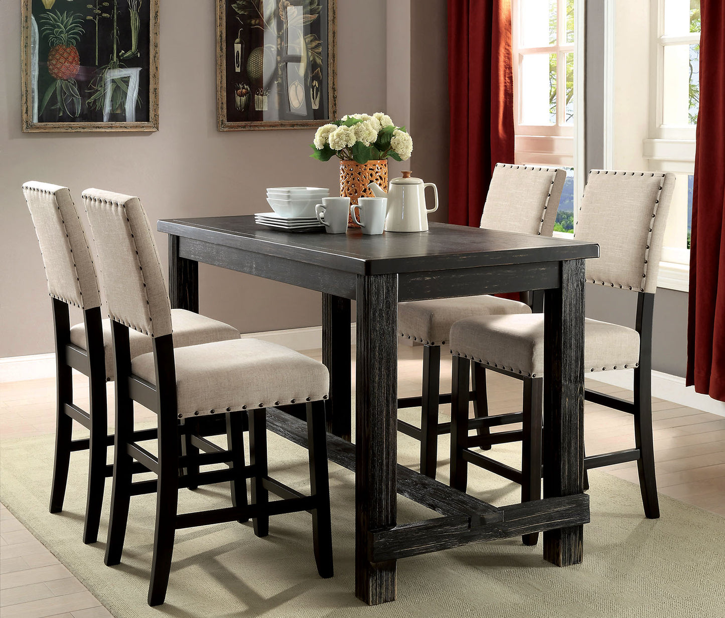 Rustic black wood pub table with four beige upholstered bar stools