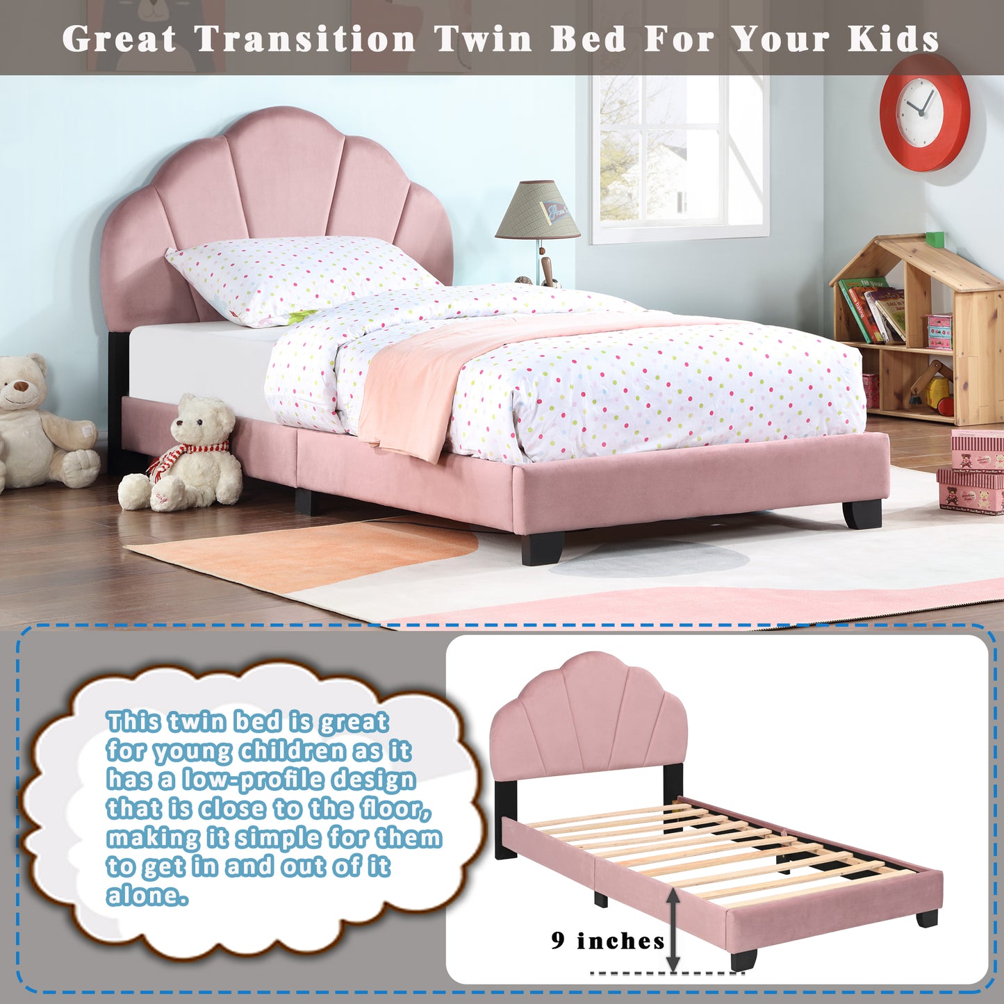 Pink velvet twin bed with scallop headboard and polka dot bedding