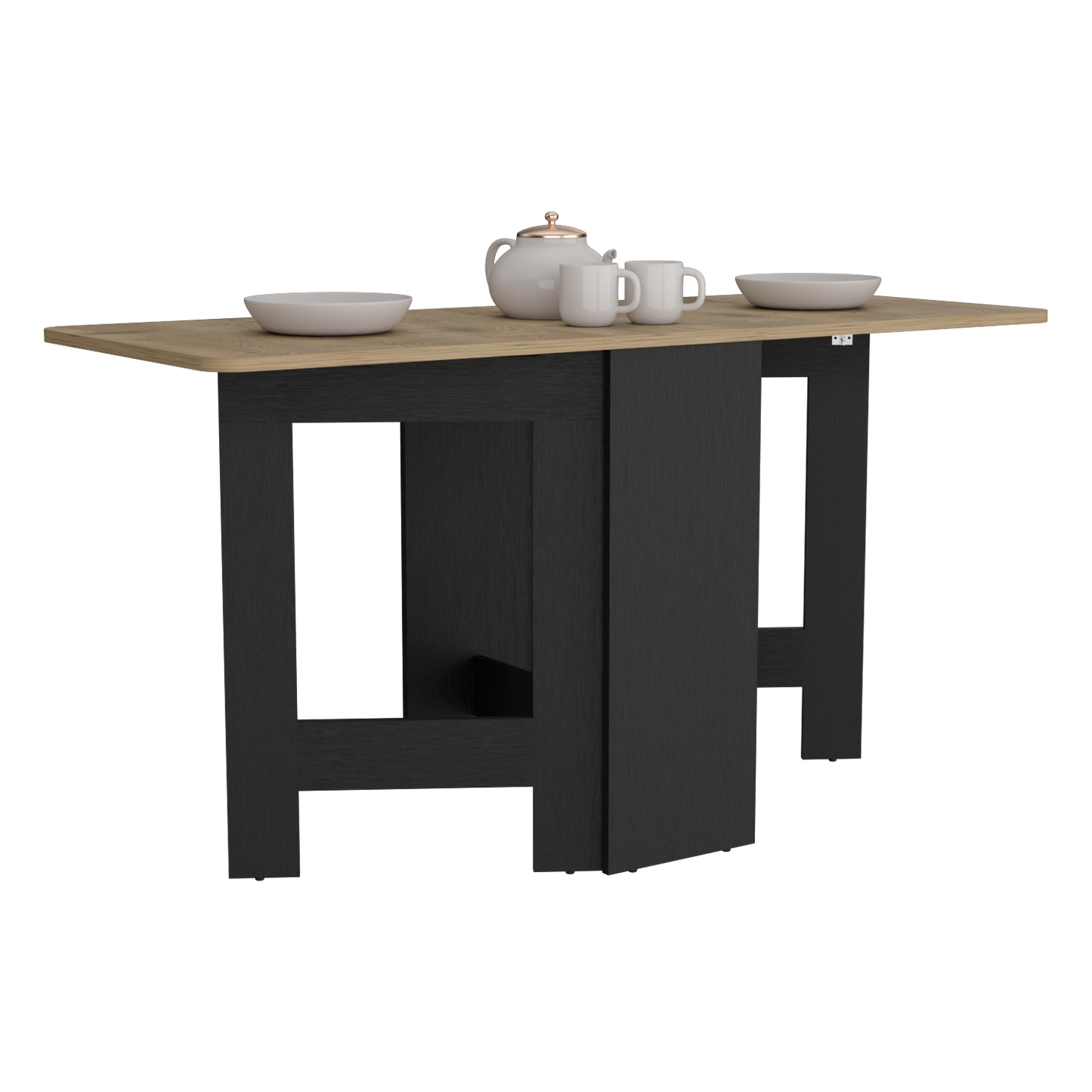 Compact drop leaf dining table with a black base and oakeffect top