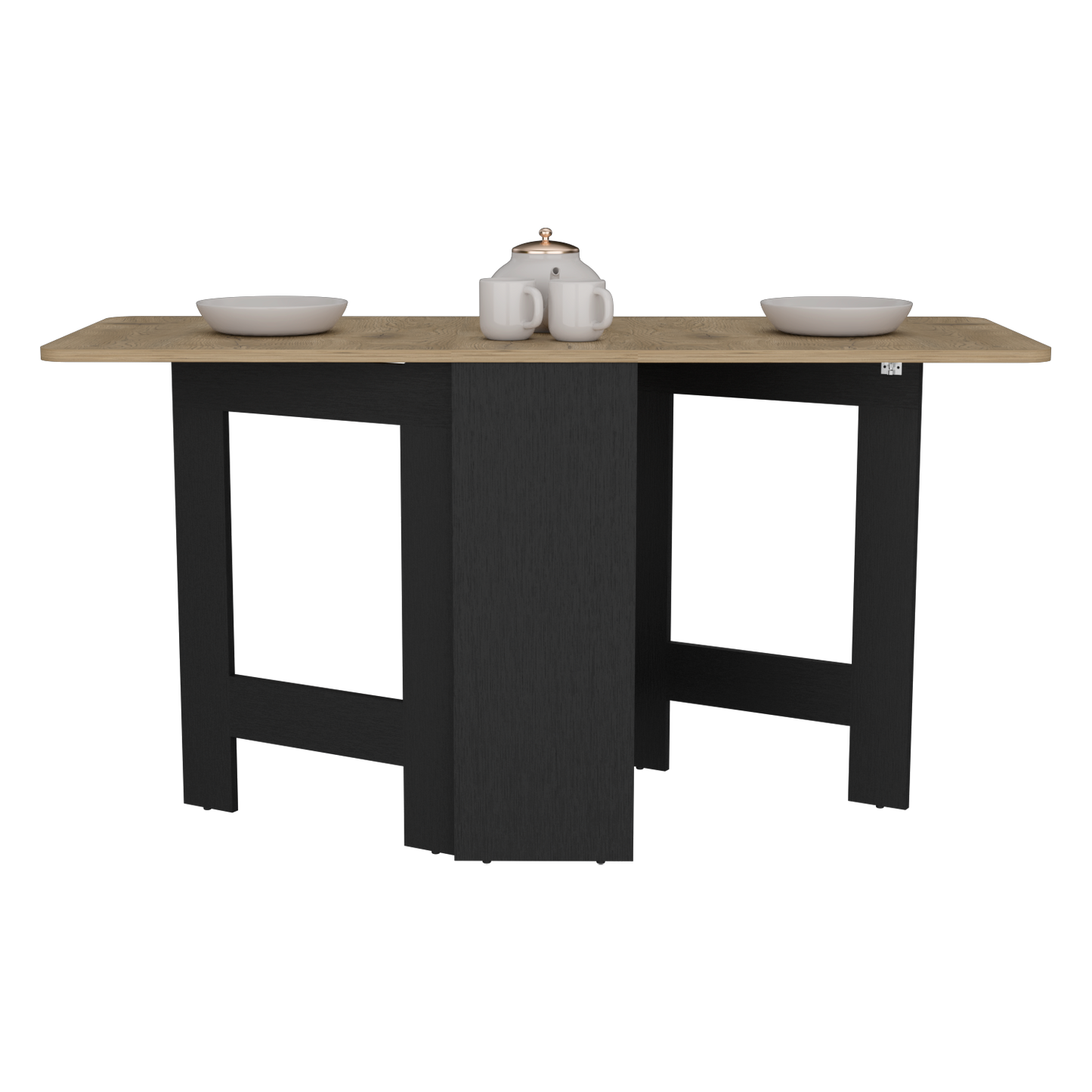 Modern black bar cart with light oak tabletop and two white bowls two mugs and a teapot