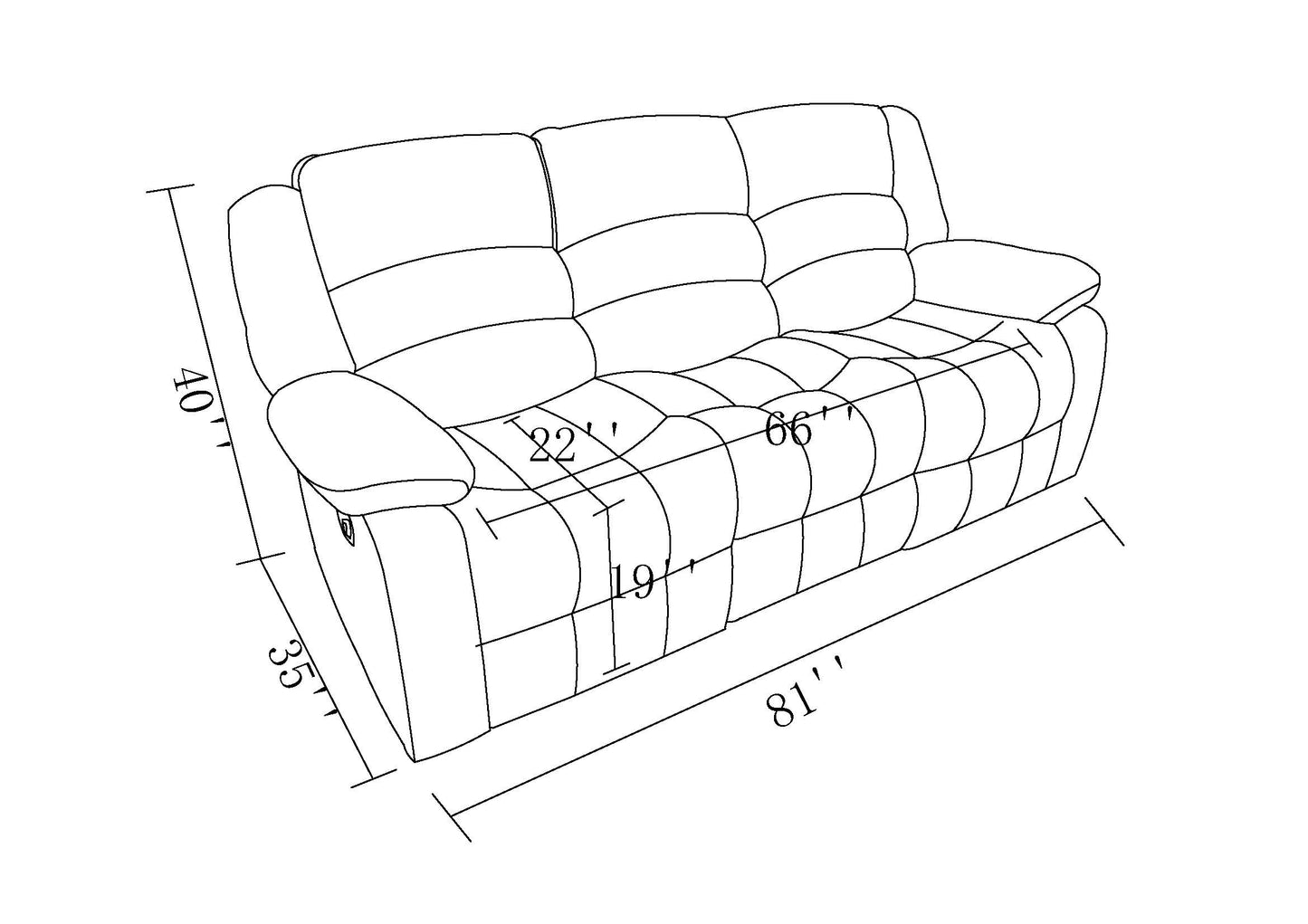 Line drawing of a threeseat recliner sofa with dimensions marked