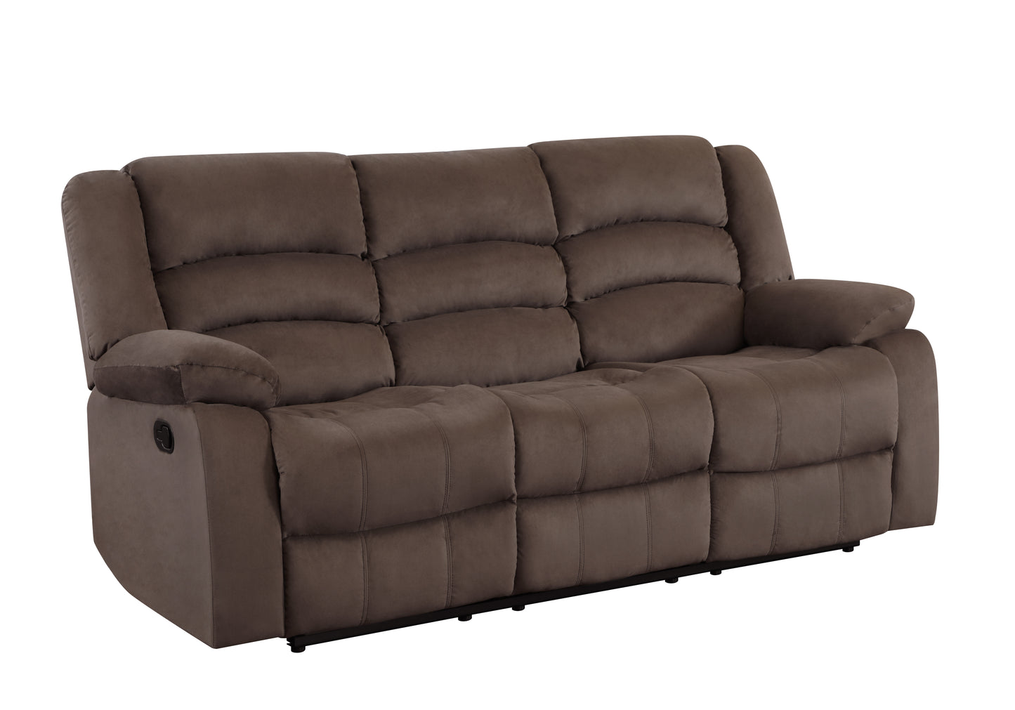 Threeseater brown suede reclining sofa with tufted cushions and metal lever