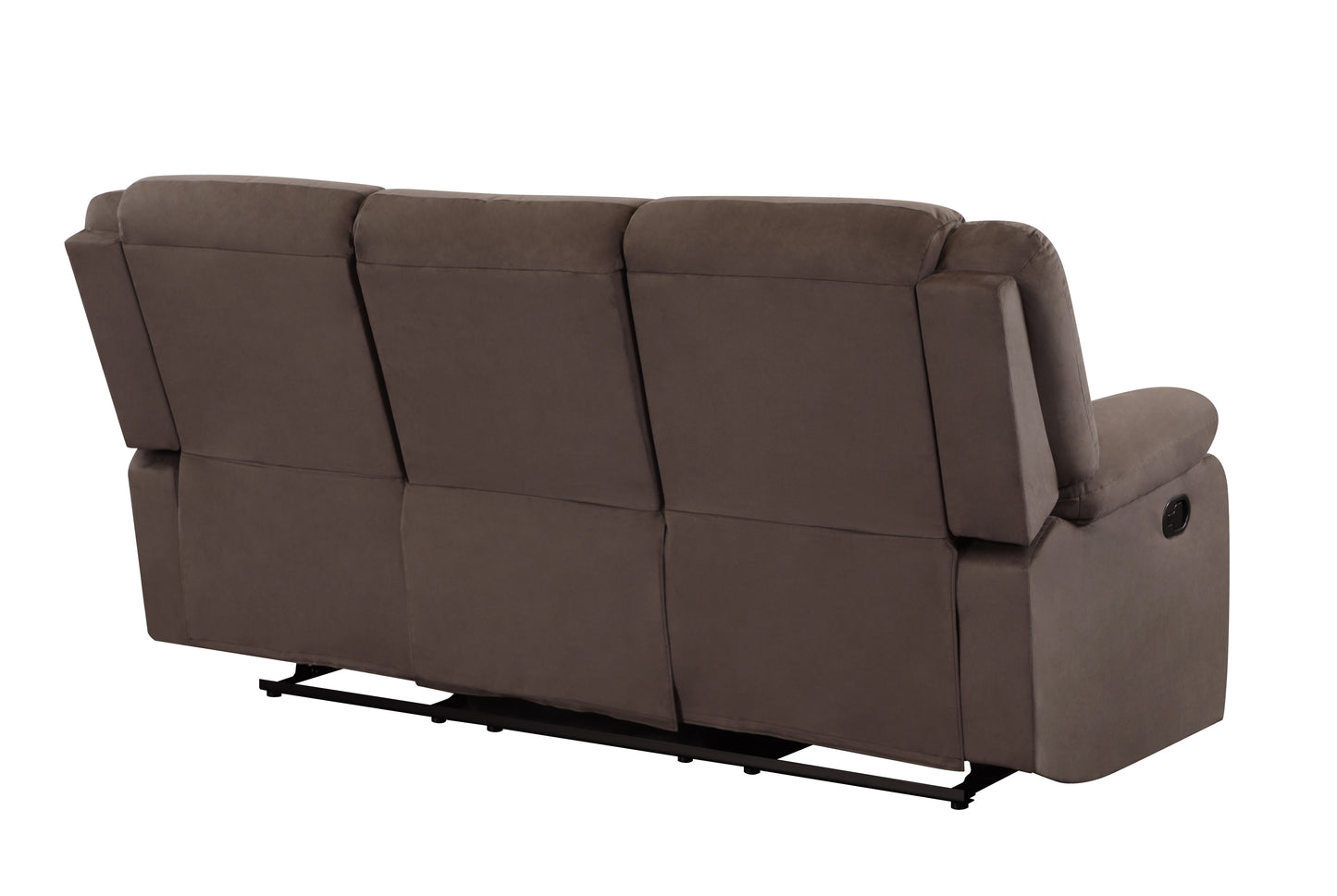 Brown suede reclining sofa back with three seat cushions and a lever