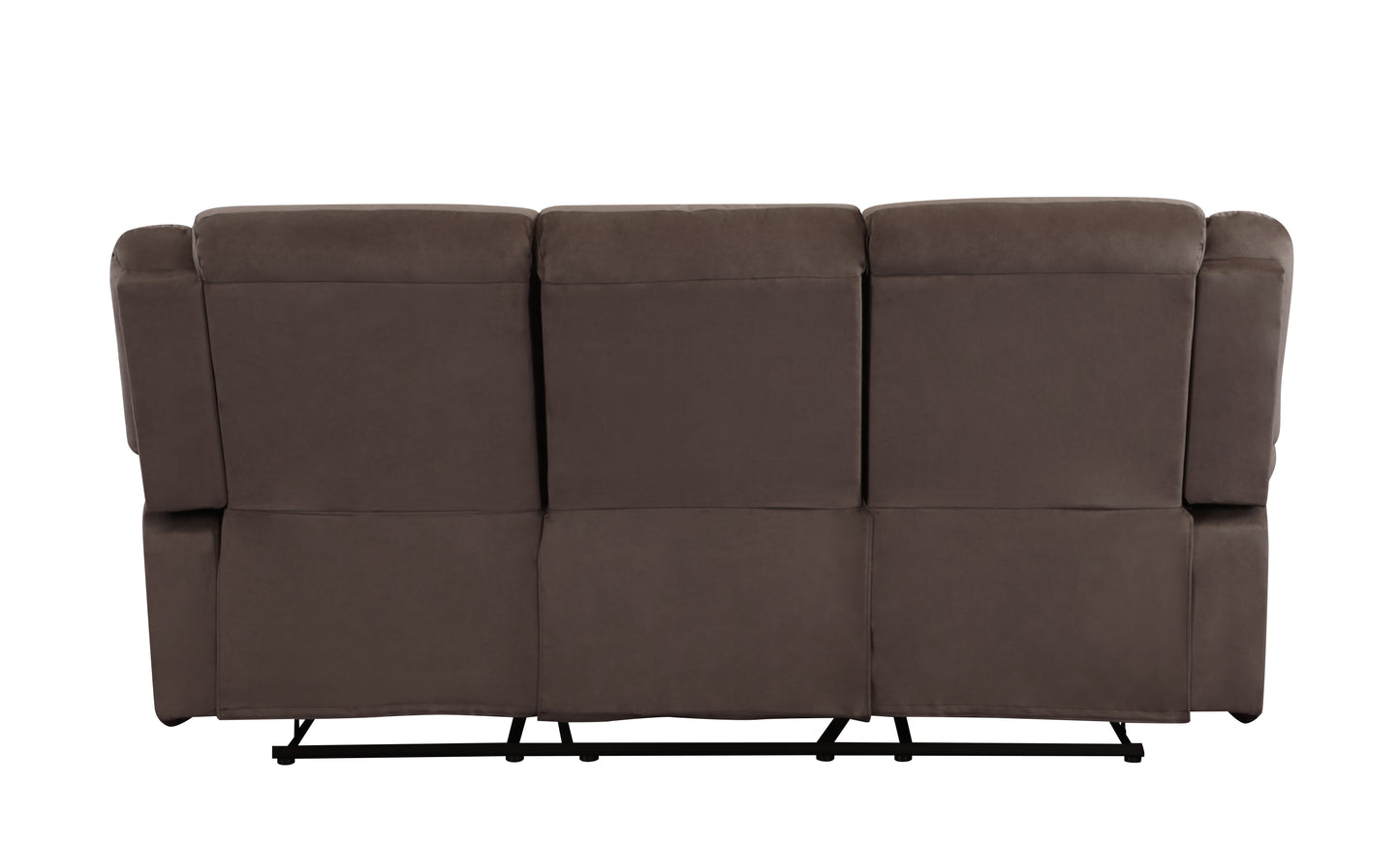 Rear view of a comfortable brown fabric threeseater recliner sofa