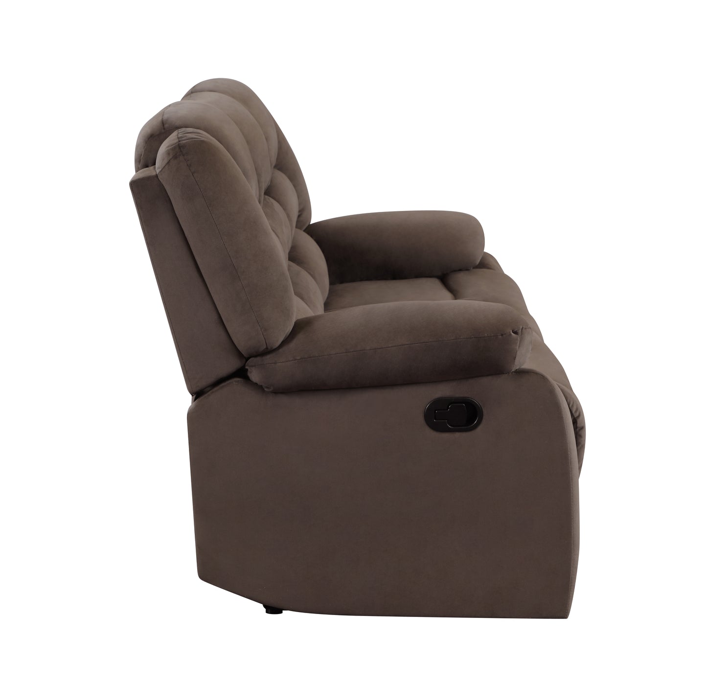 Brown fabric reclining loveseat with tufted back and plush armrests