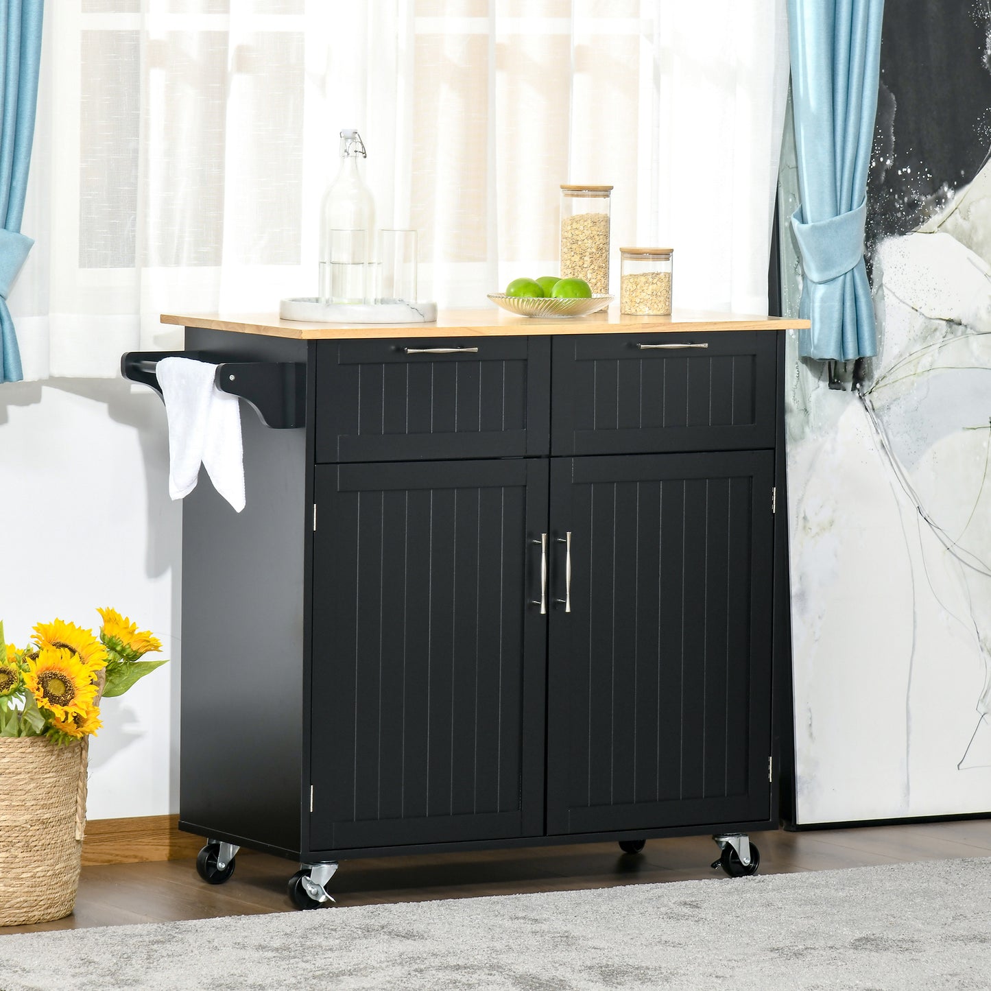 Black kitchen cart with butcher block top and casters