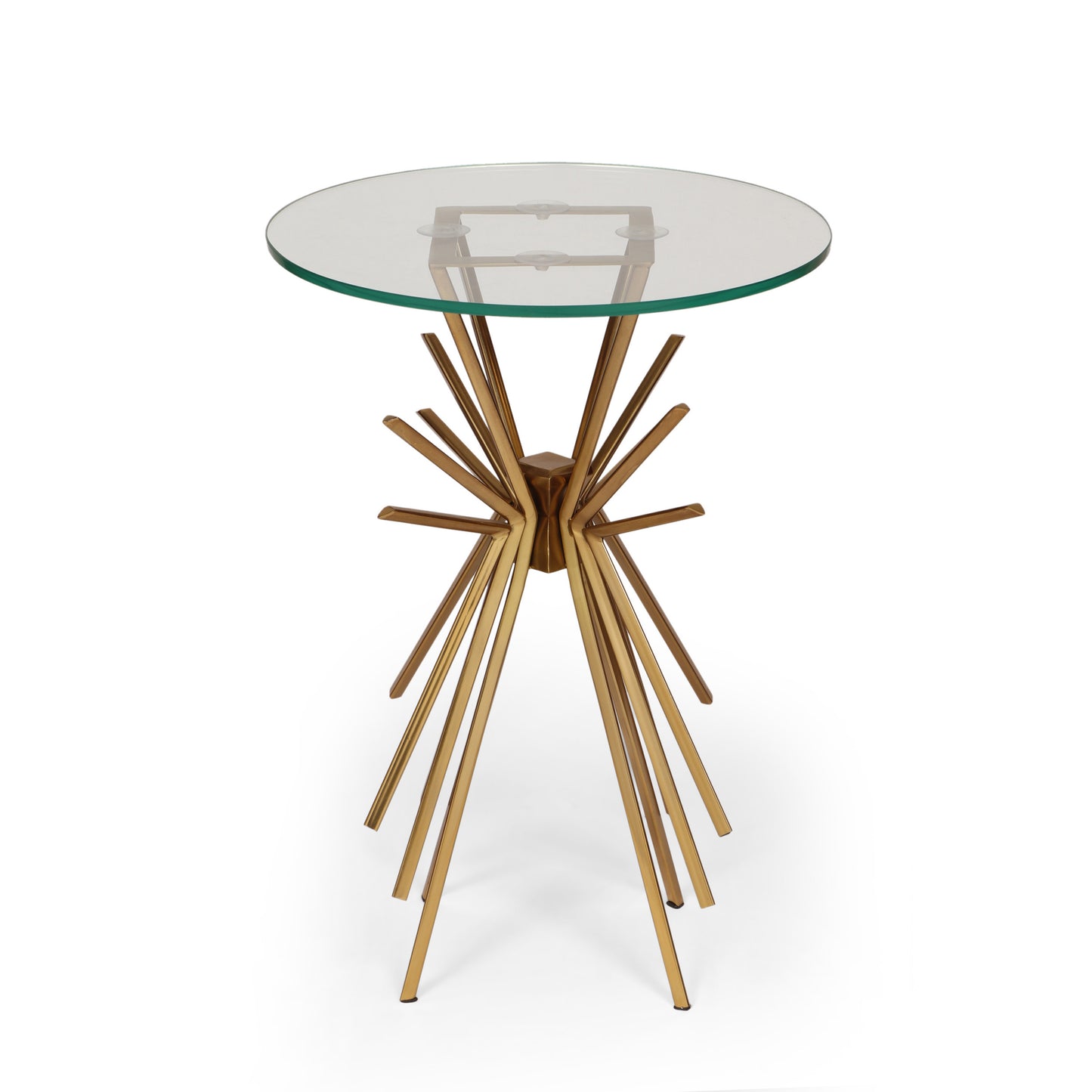 Modern gold starburst pedestal base with clear round glass top accent table