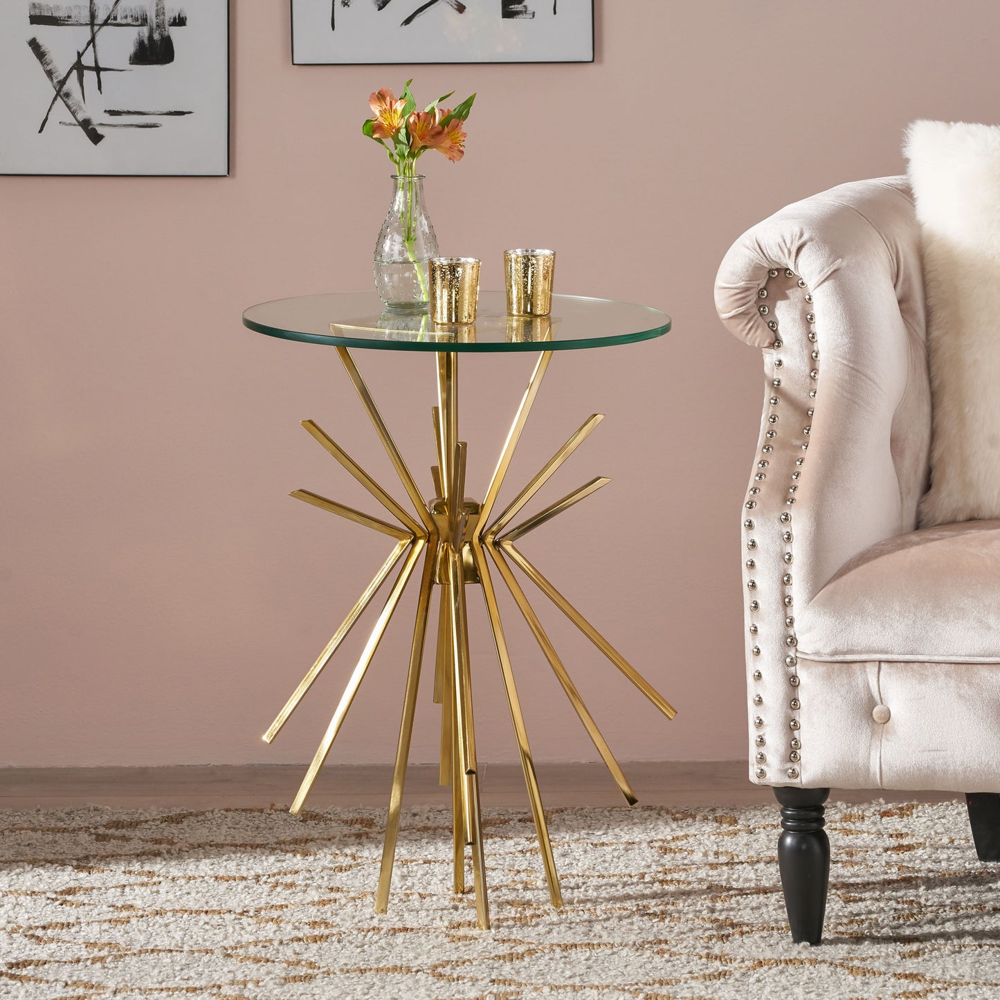 Glamorous gold starburst base with clear glass top accent table for living rooms