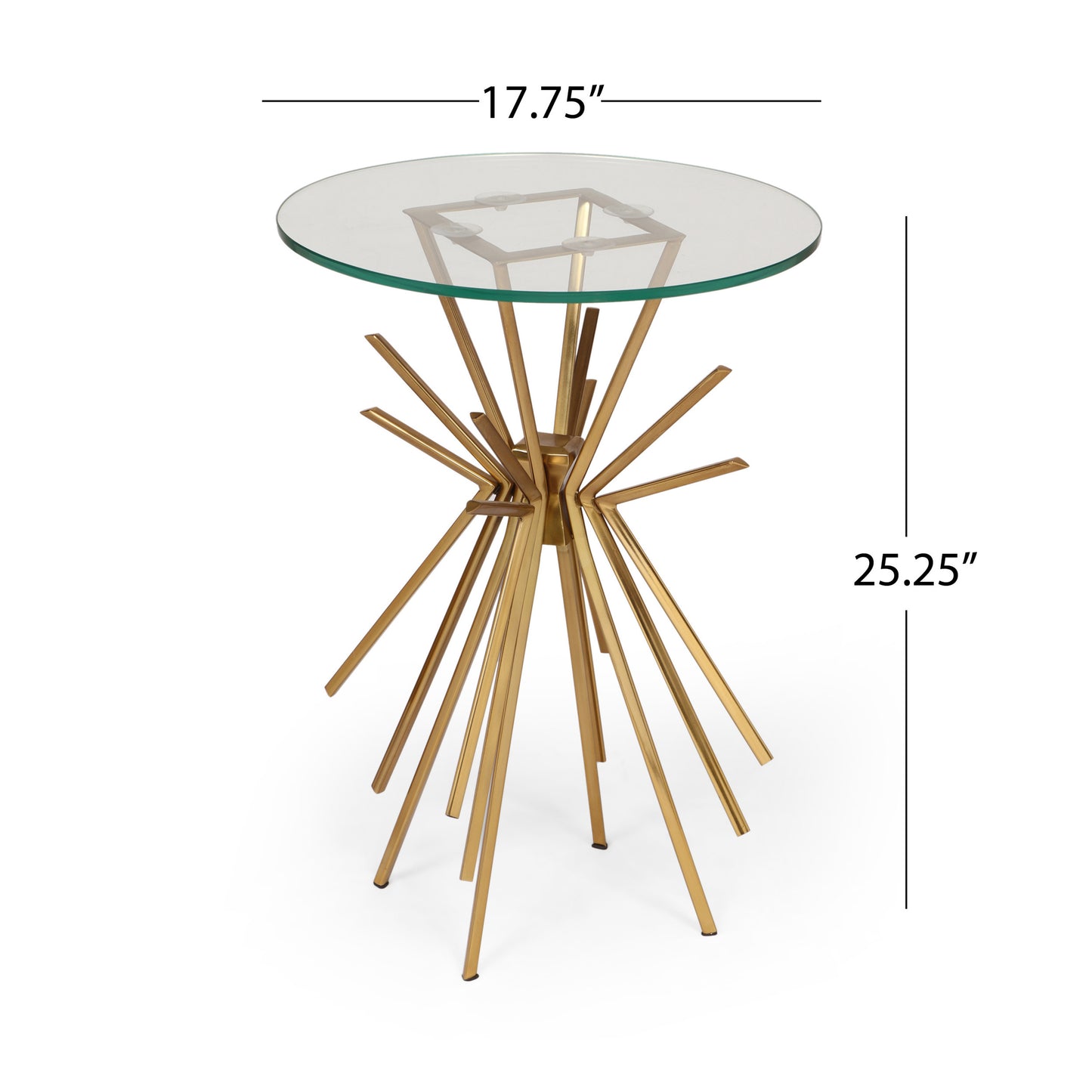 Round glass side table with a starburst brass base