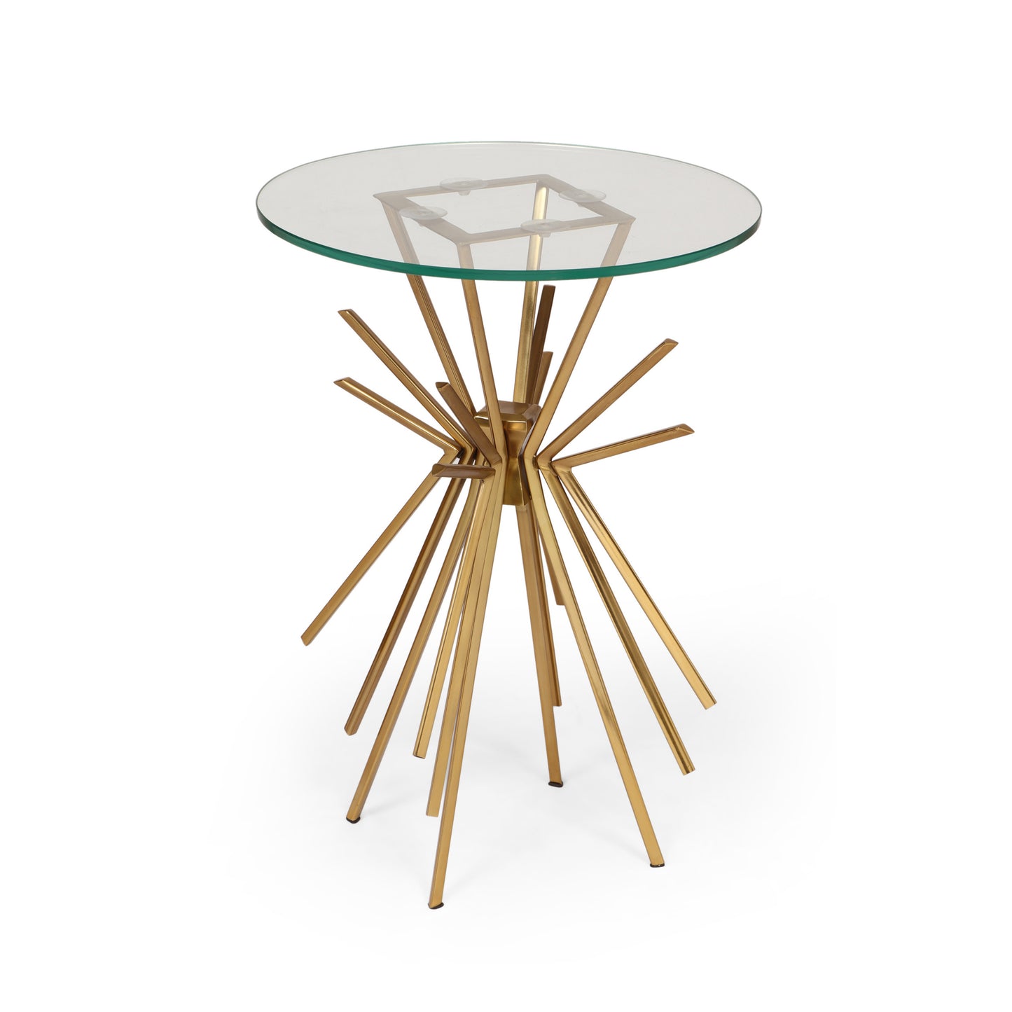 Round glass top accent table with a gold starburst base