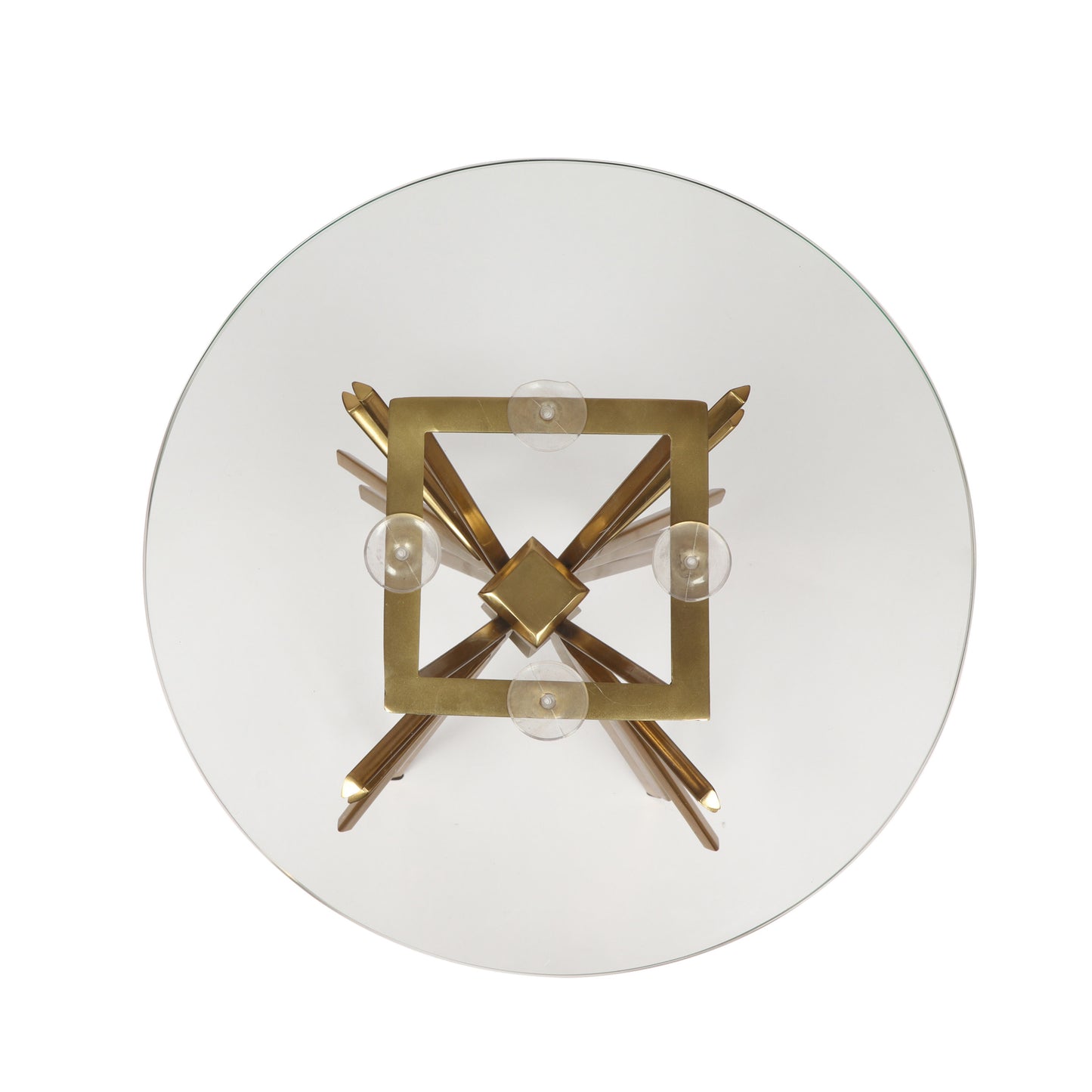 Clear glass top coffee table with brass geometric base art deco style