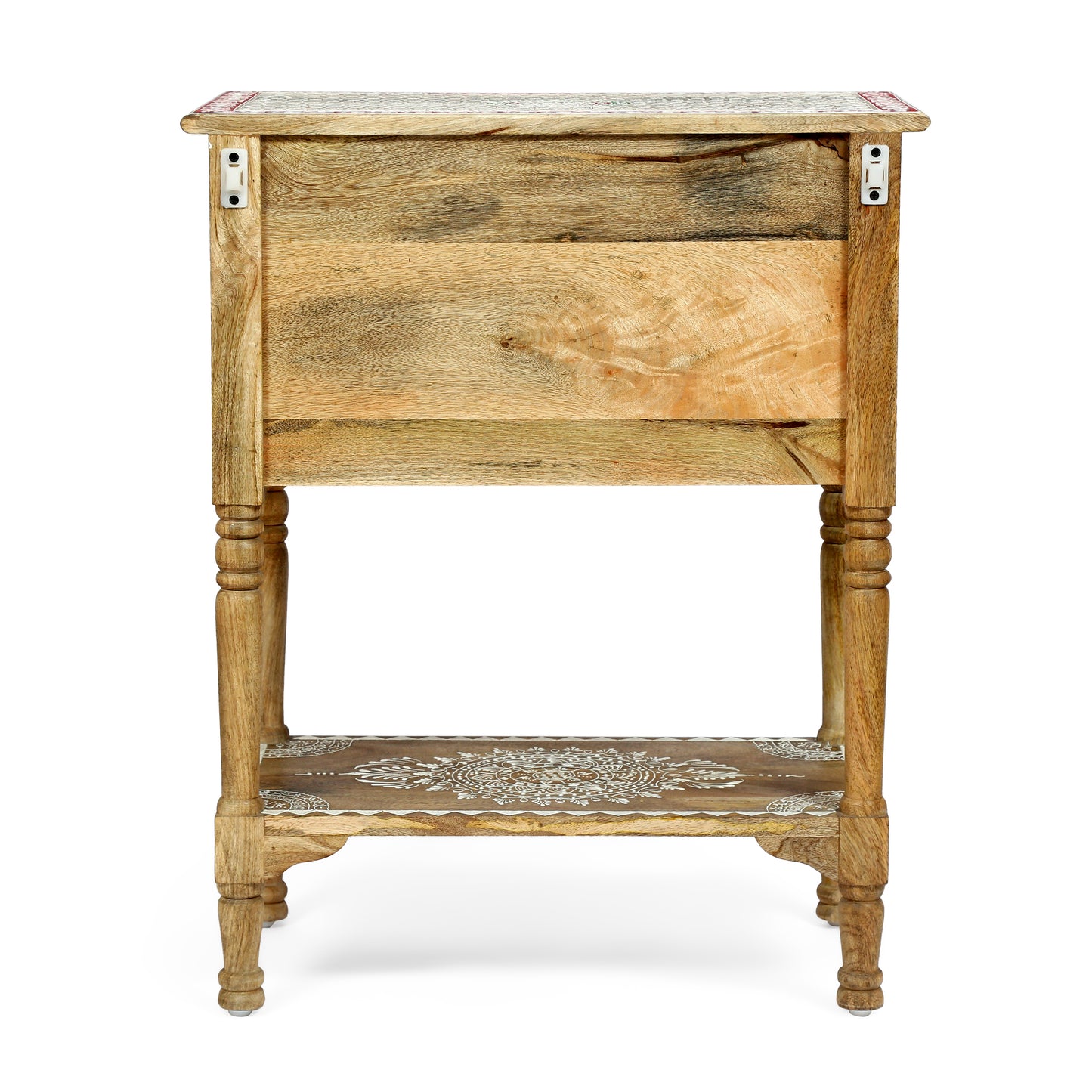 Light wood bedside table with intricate white carved detailing on legs and shelf