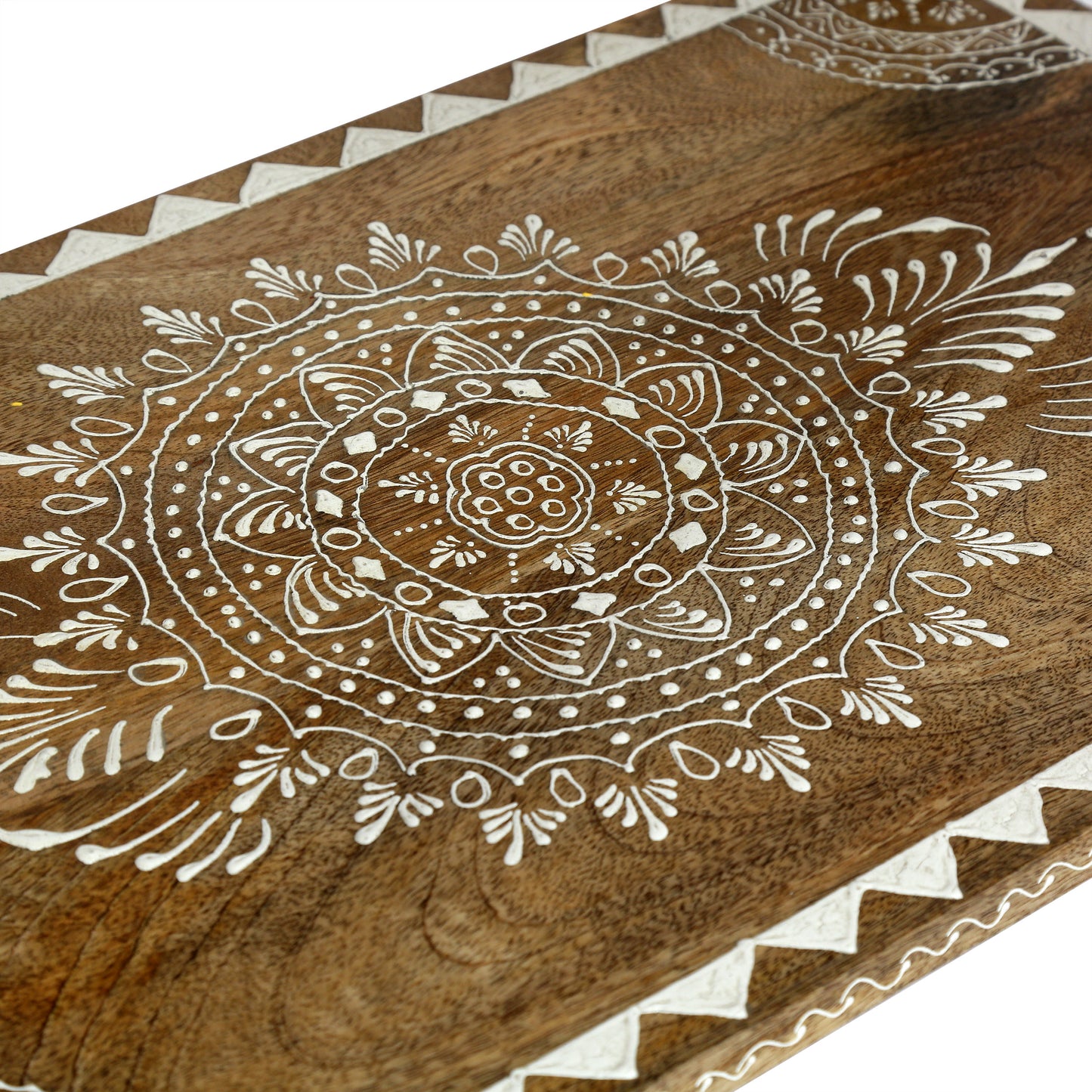 Brown wooden serving tray with white mandala and triangle border design