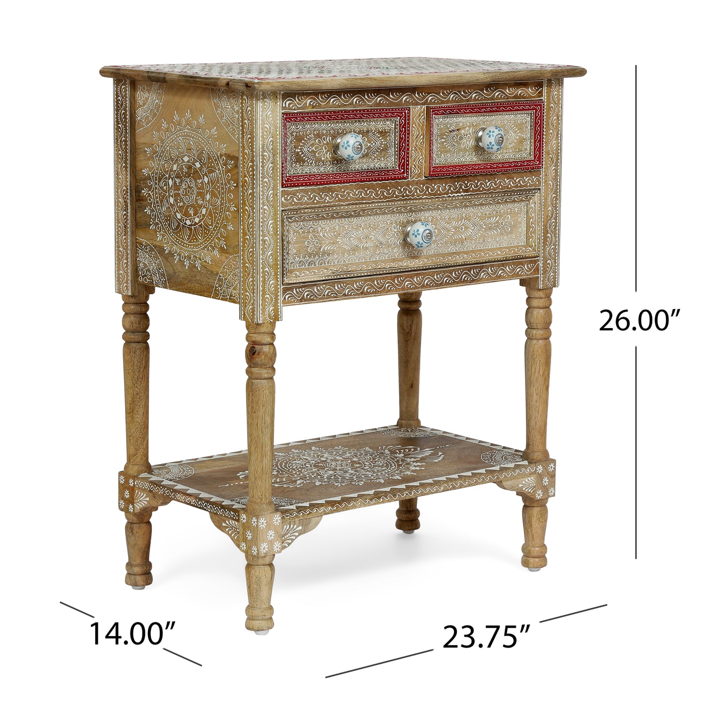 Mango wood end table with intricate white carvings and ceramic knobs perfect for bohemian decor