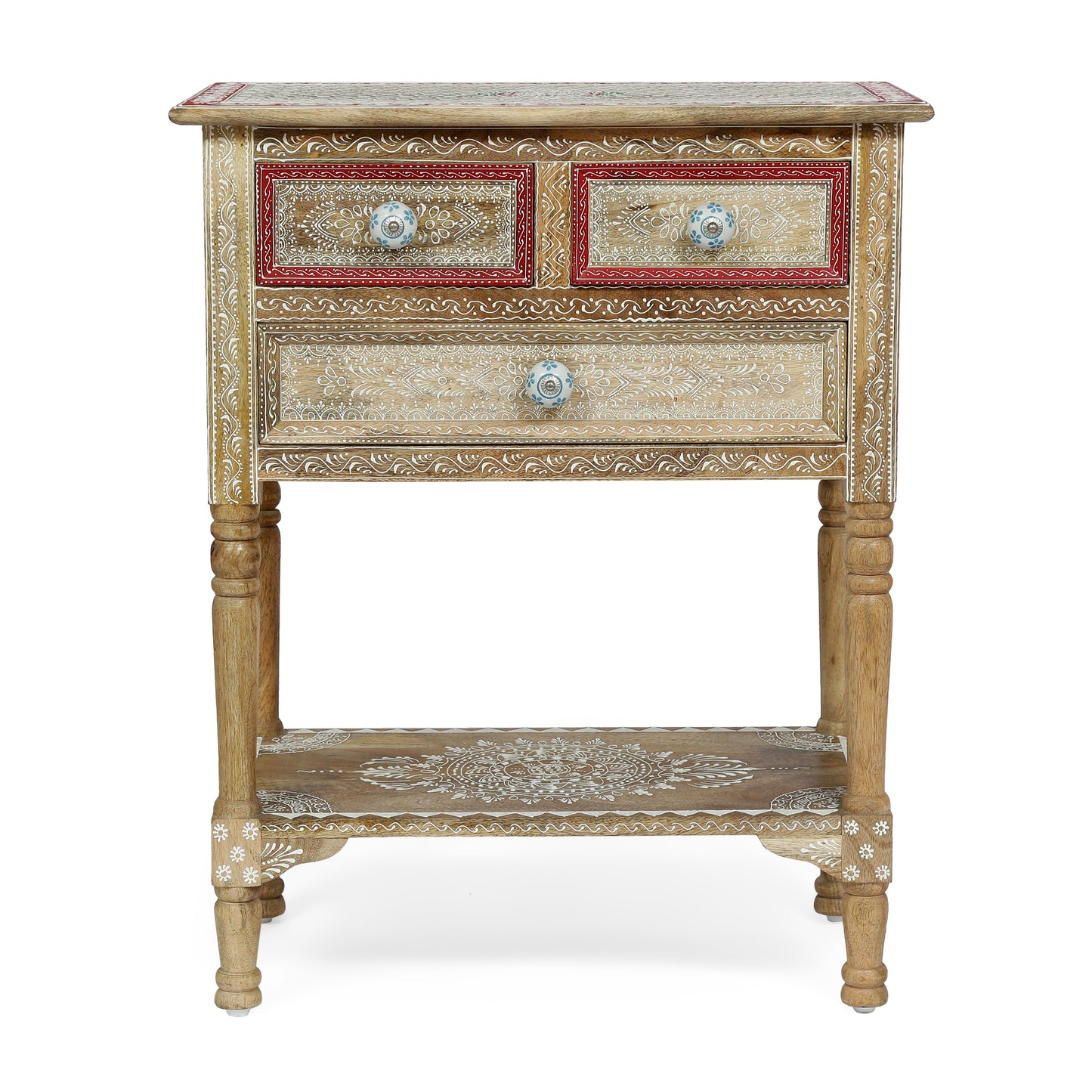 Ornate wooden side table with carved detailing and red accents