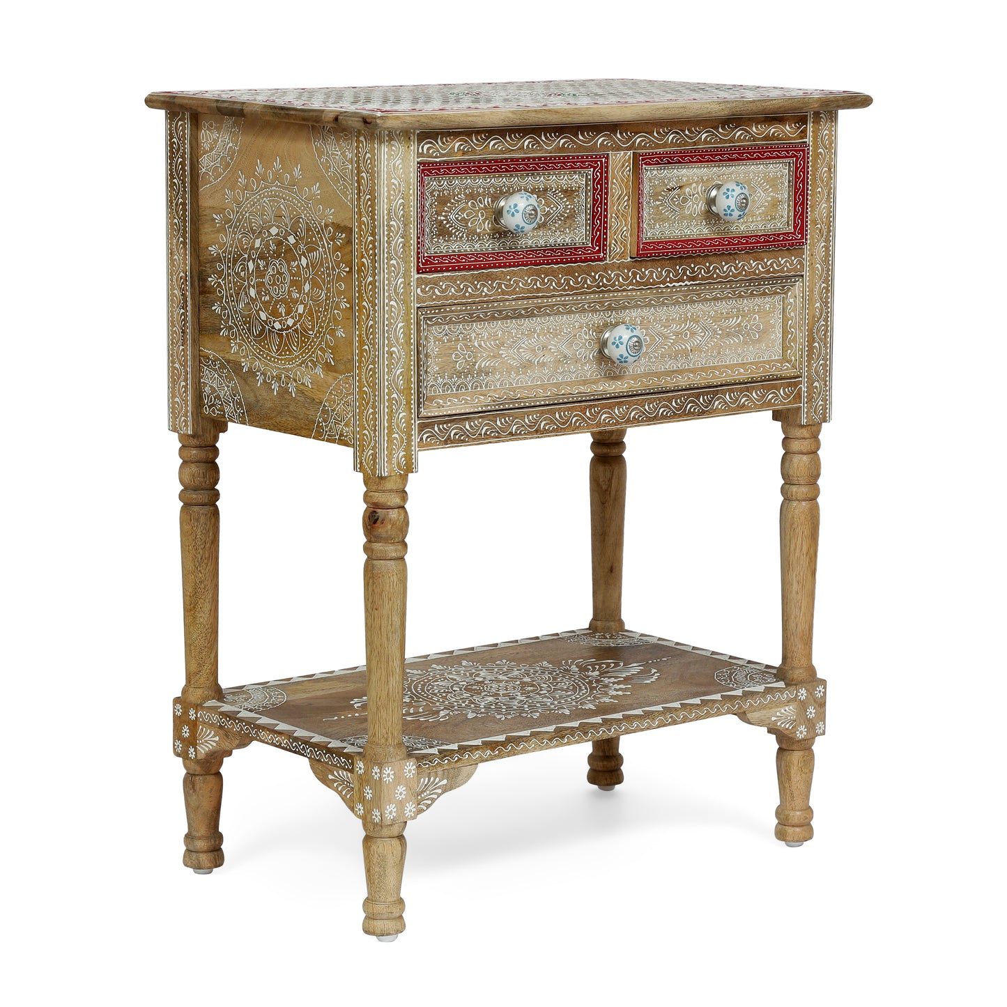 Ornate wooden side table with white mandala carvings and red accents