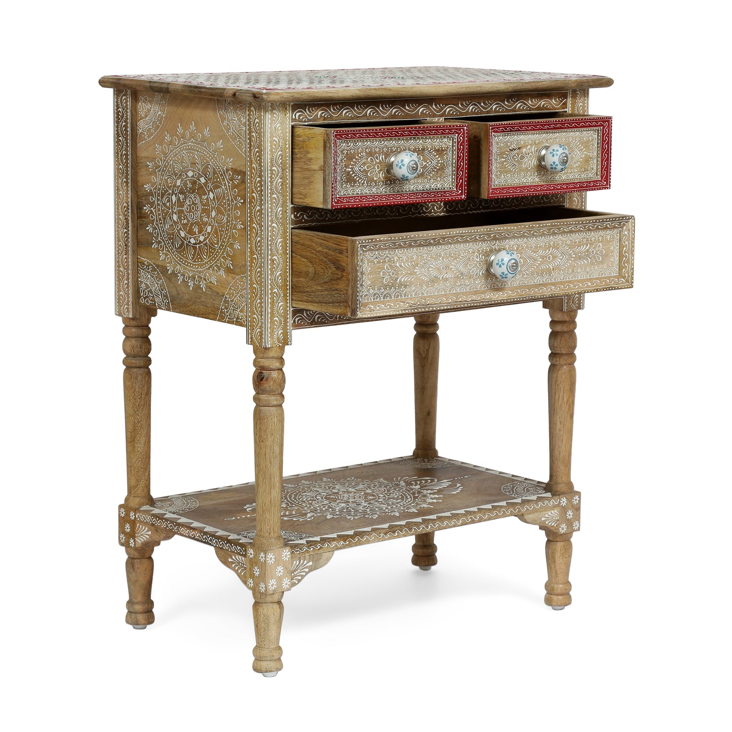 Wooden side table with distressed finish and intricate white mandala carvings