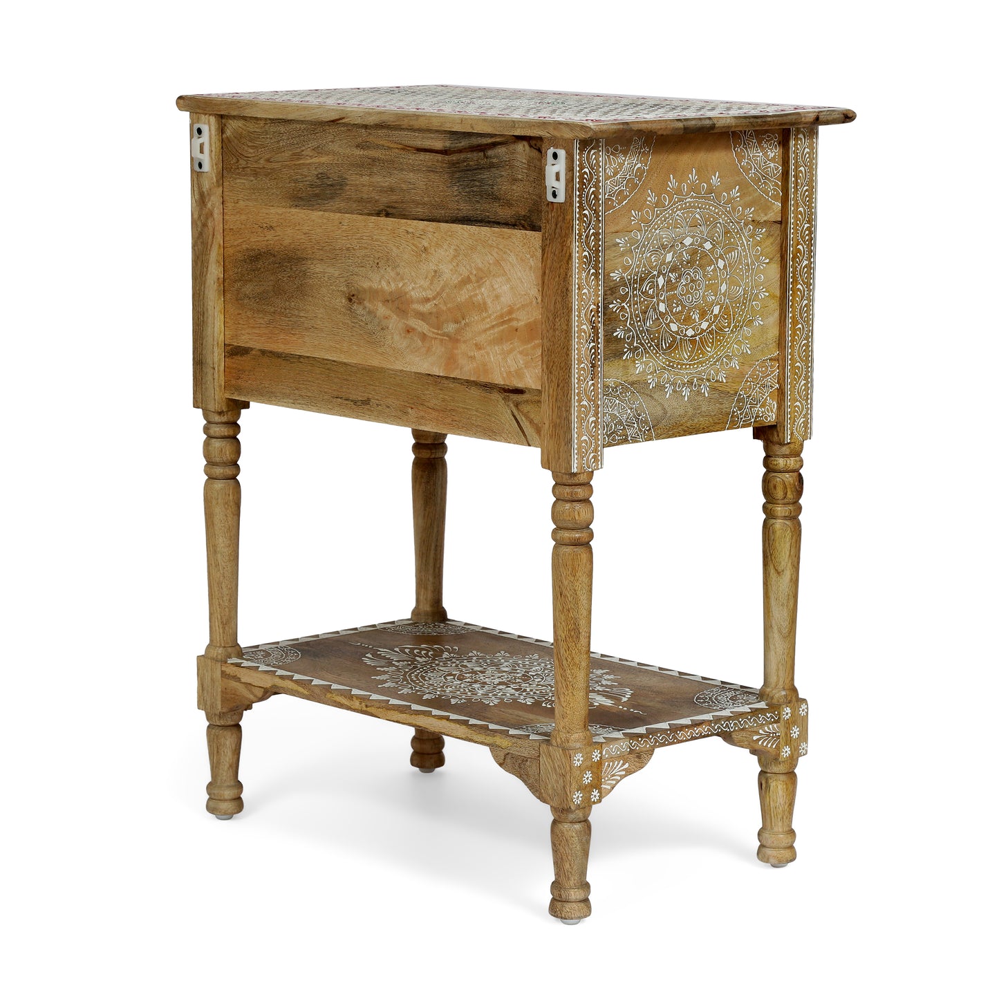 Distressed wooden side table with carved mandala details and a lower shelf