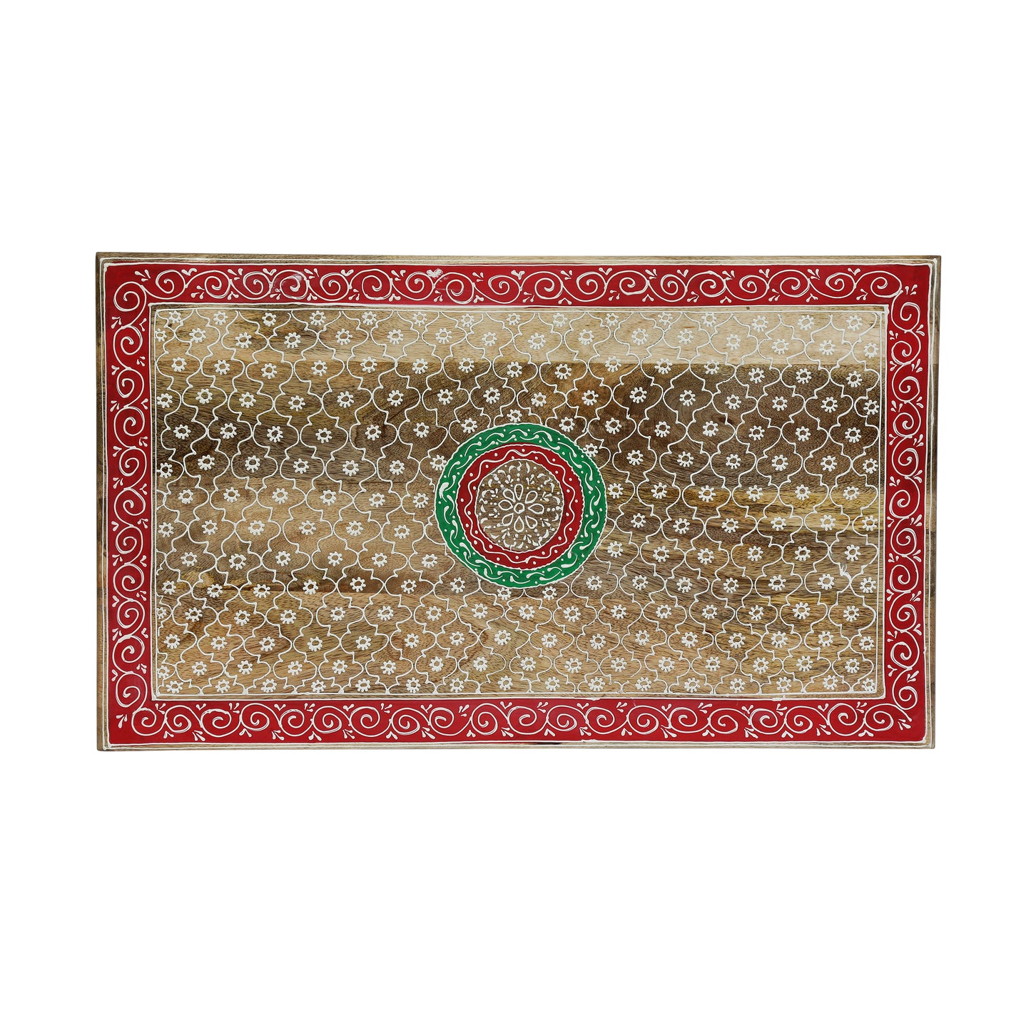 Rectangular wooden tray with red and white ornate border intricate white floral pattern and central medallion