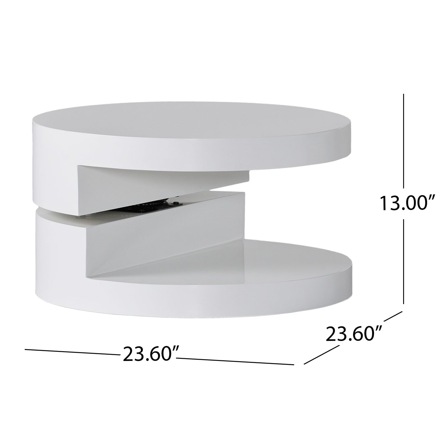 Modern white gloss rotating coffee table with a unique open center design and brushed metal accents