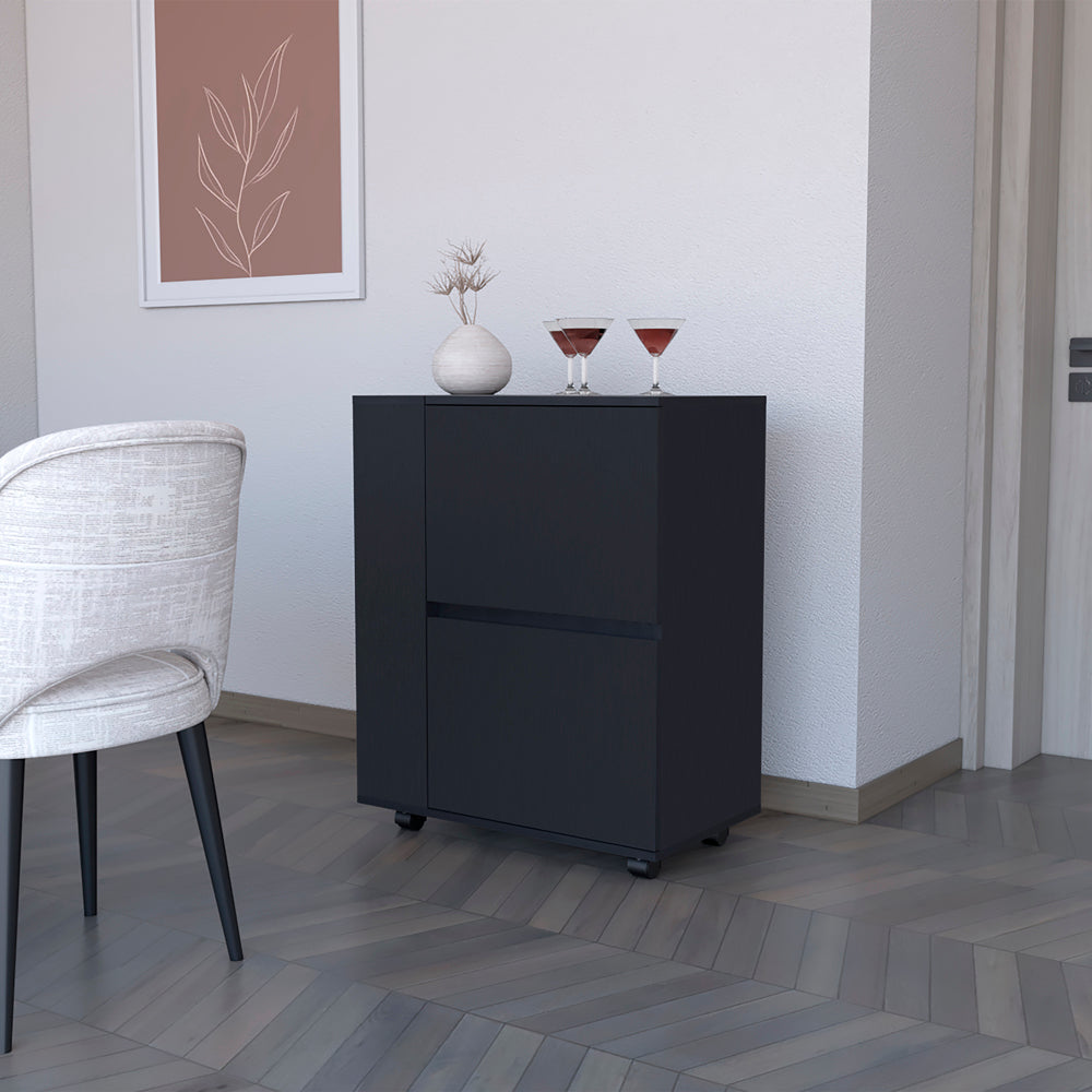 Black modern bar cabinet with two drawers and wheels