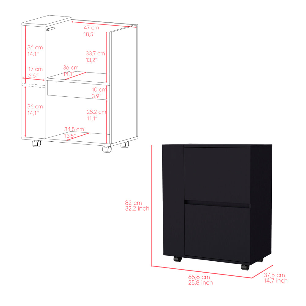 Black mobile filing cabinet with two drawers and dimensions