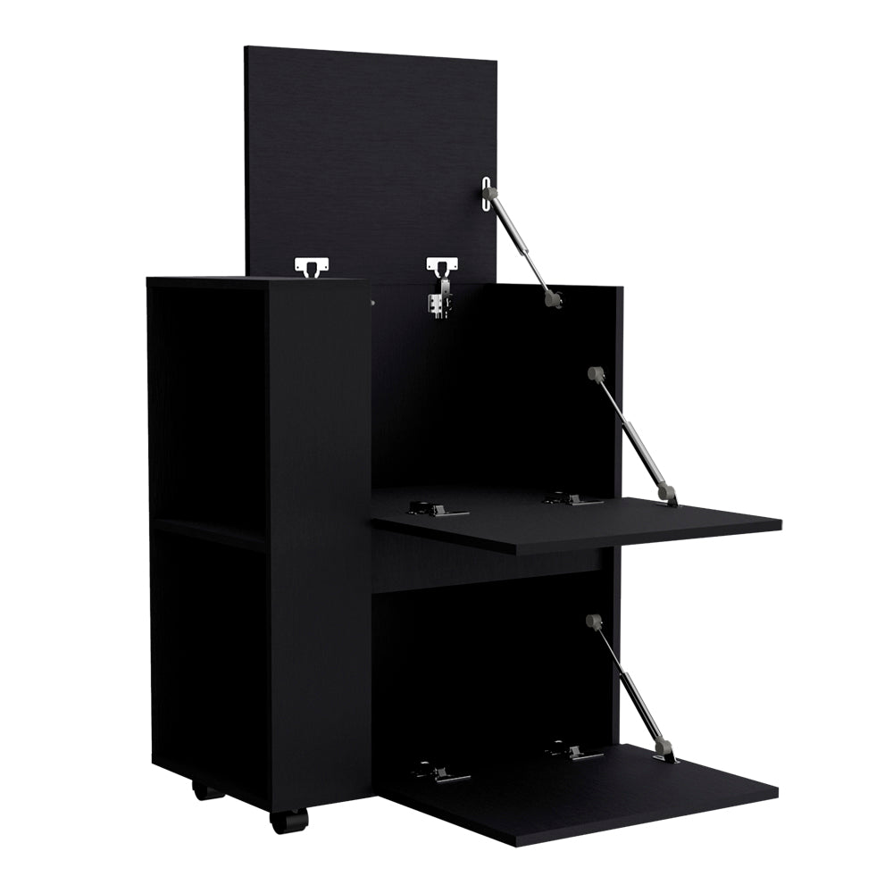 Black multicompartment storage cart with flipup doors and casters