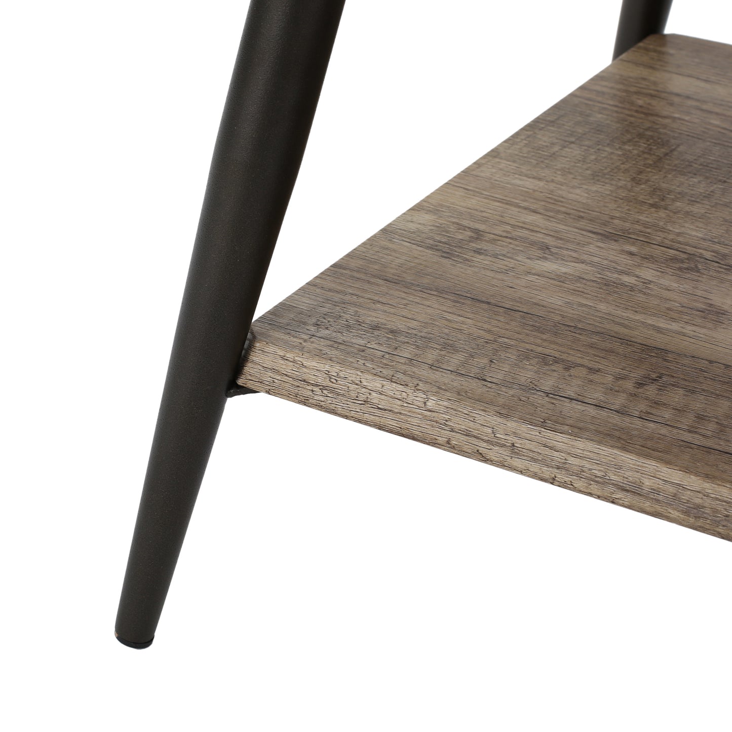 Rustic wood shelf with dark metal legs part of a modern bookshelf