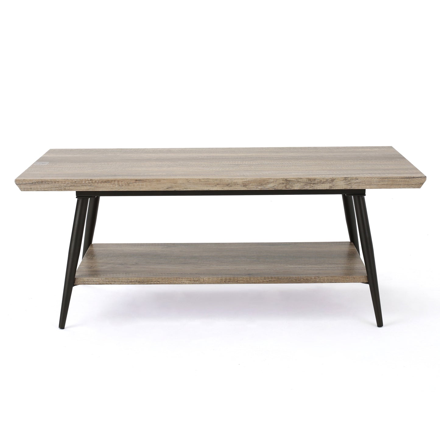 Modern coffee table with rustic wood finish and black metal legs
