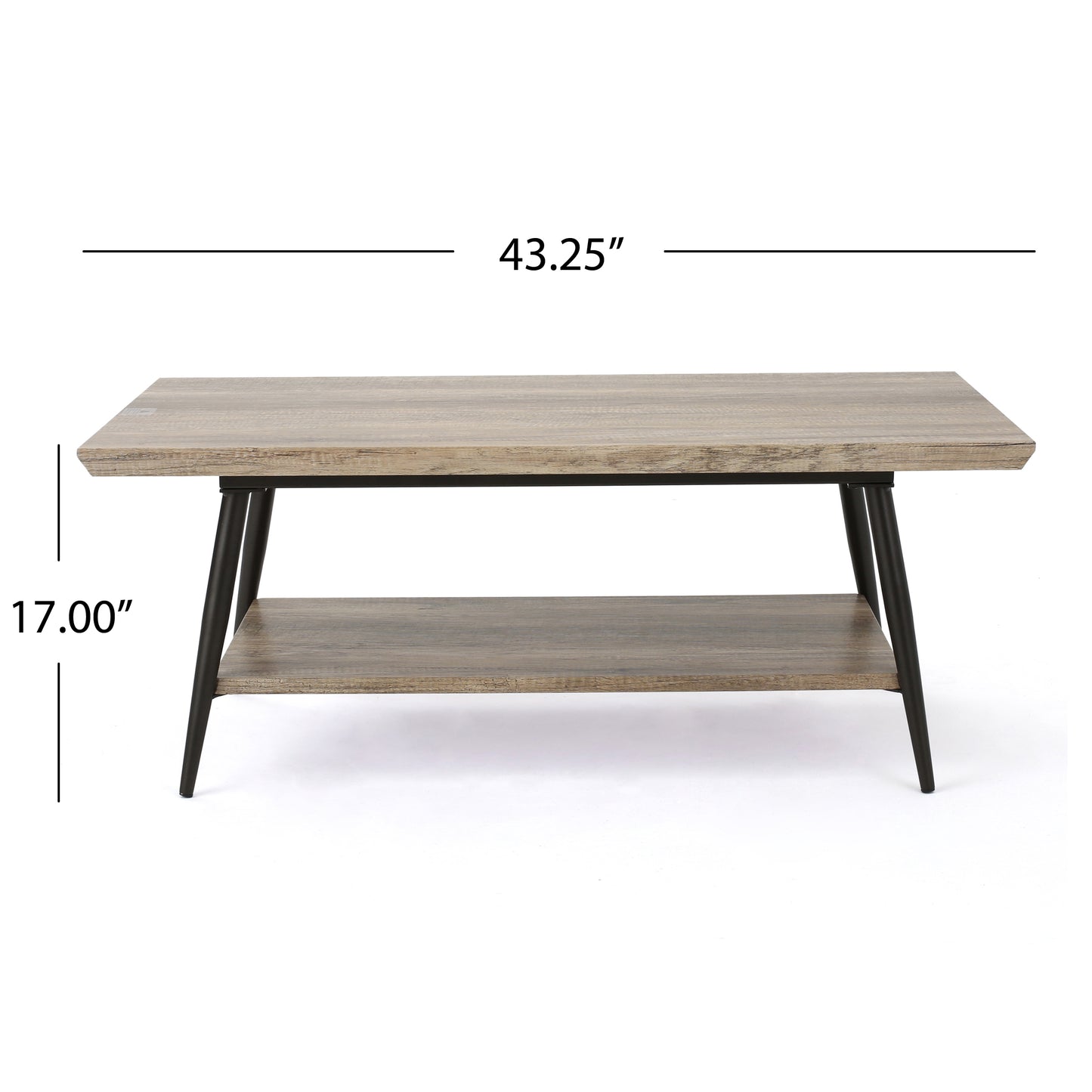 Twotier modern coffee table with rustic oak finish and black metal legs