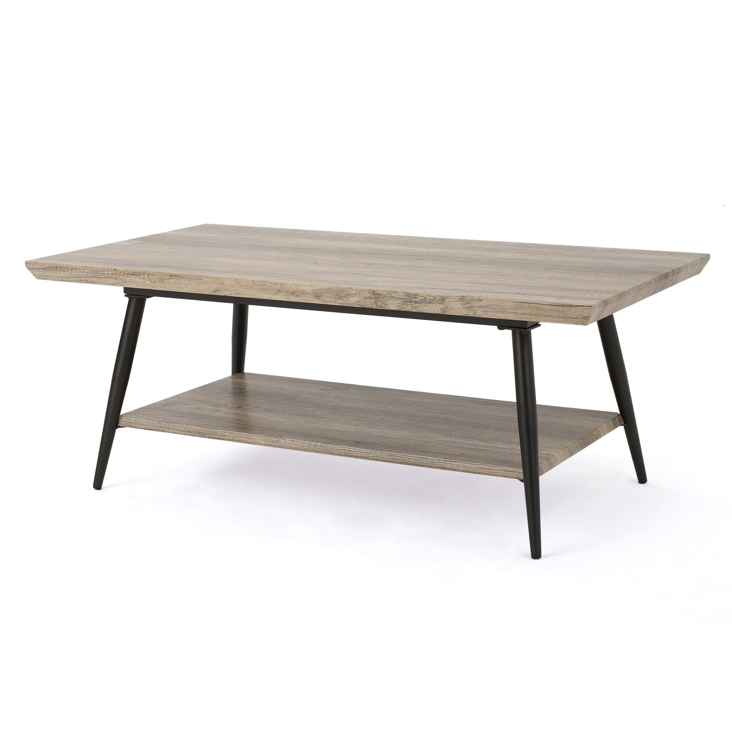 Rustic oak finish coffee table with black metal legs and lower shelf