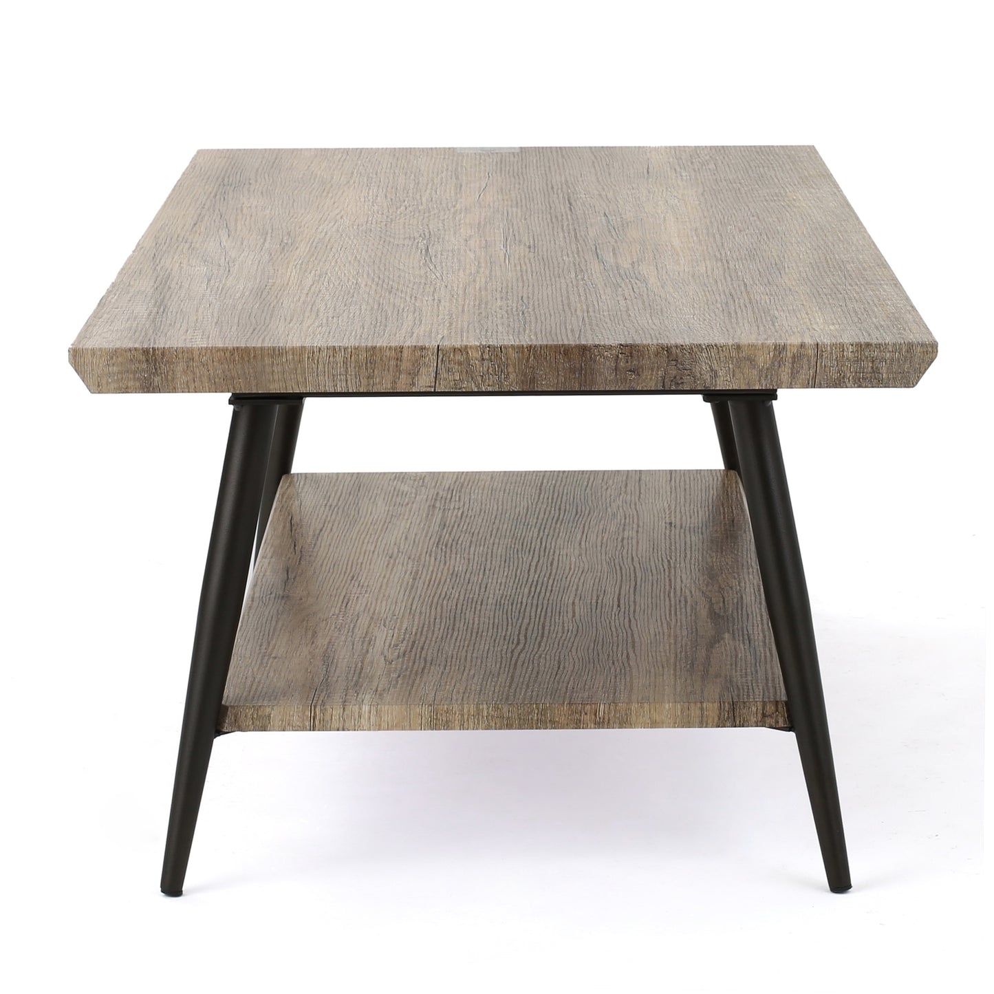 Rustic brown wood coffee table with black metal legs and a lower shelf