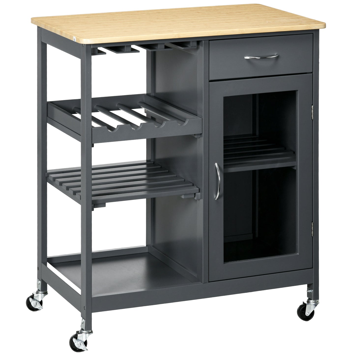 Dark grey kitchen cart with bamboo top wine rack drawer and glassdoor cabinet on wheels