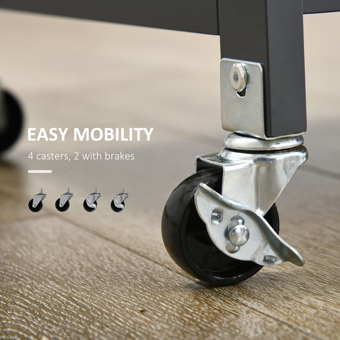 Closeup of a black swivel caster with a metal bracket and wheel showcasing easy mobility