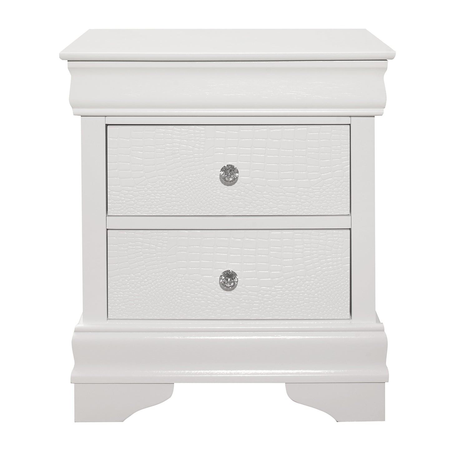 White faux croc drawer nightstand with crystal knobs