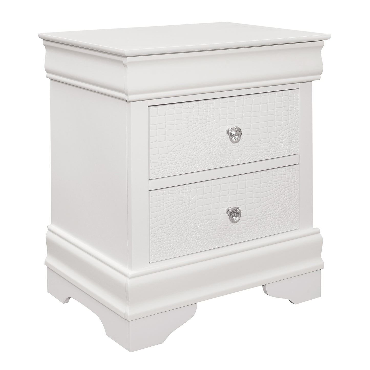 White twodrawer nightstand with crocodiletextured drawer fronts and crystal knobs