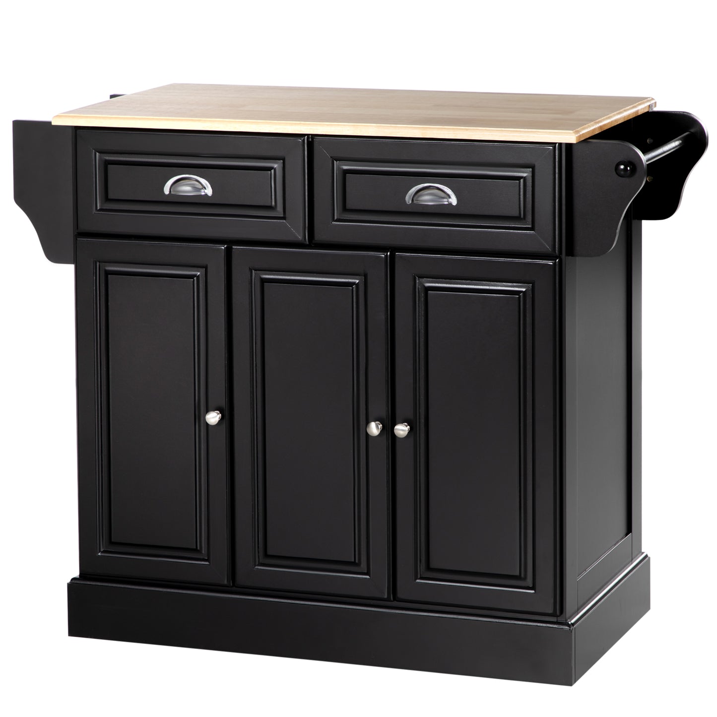 Black kitchen island with butcher block top and two drawers