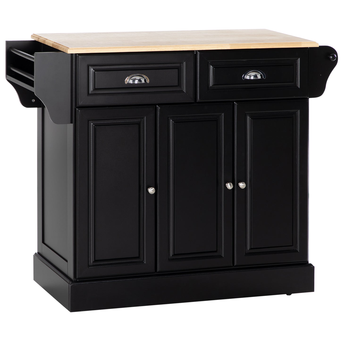 Black kitchen island cart with butcher block top and two drawers
