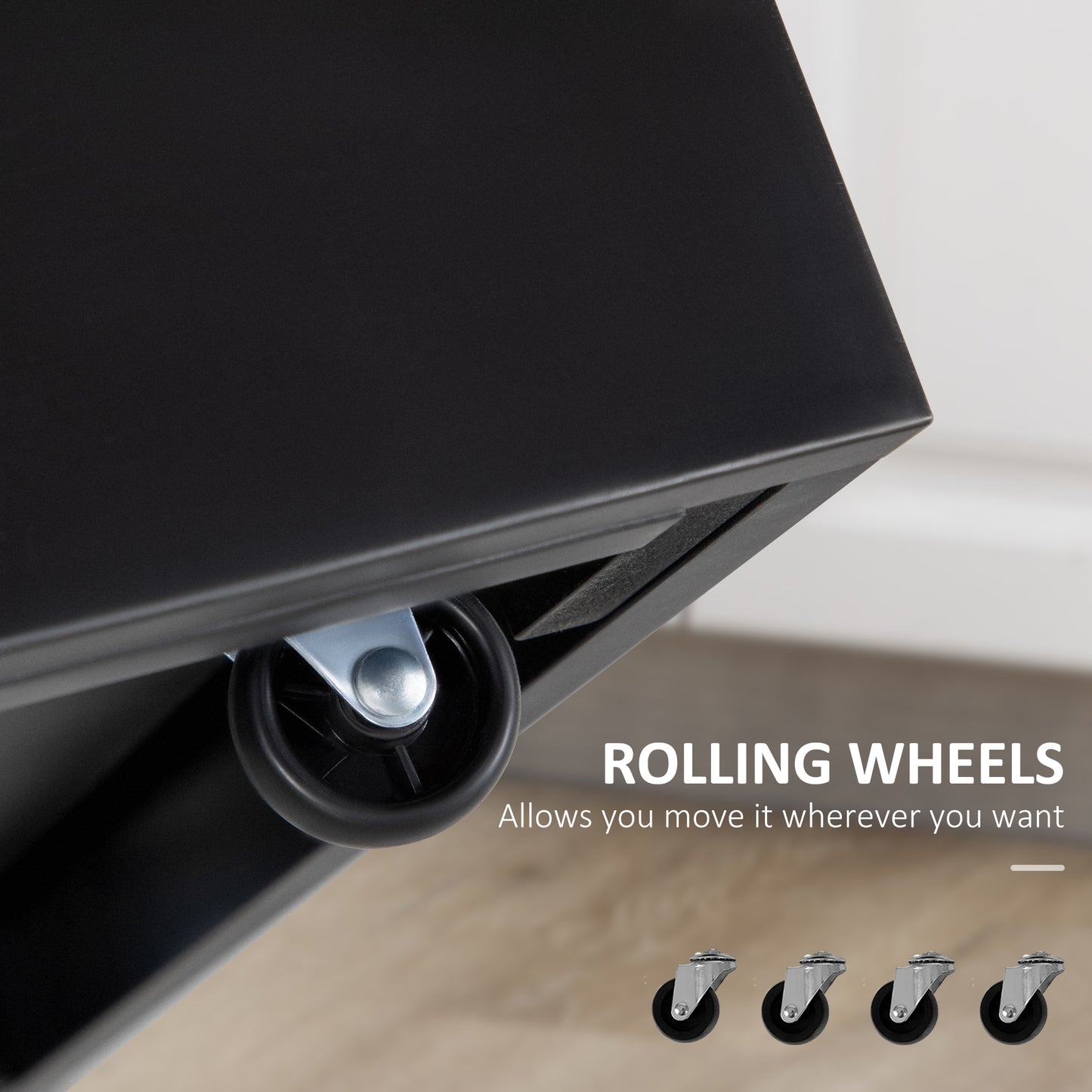 Black rolling caster wheel attached to furniture base