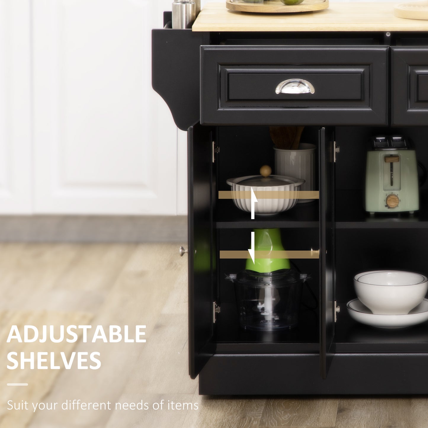 Black kitchen island with adjustable shelves displaying a pot and food processor