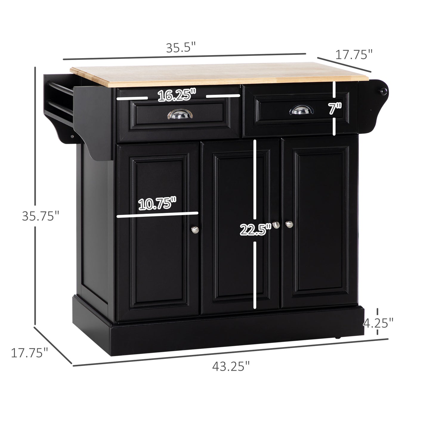 Black kitchen island cart with butcher block top and two drawers